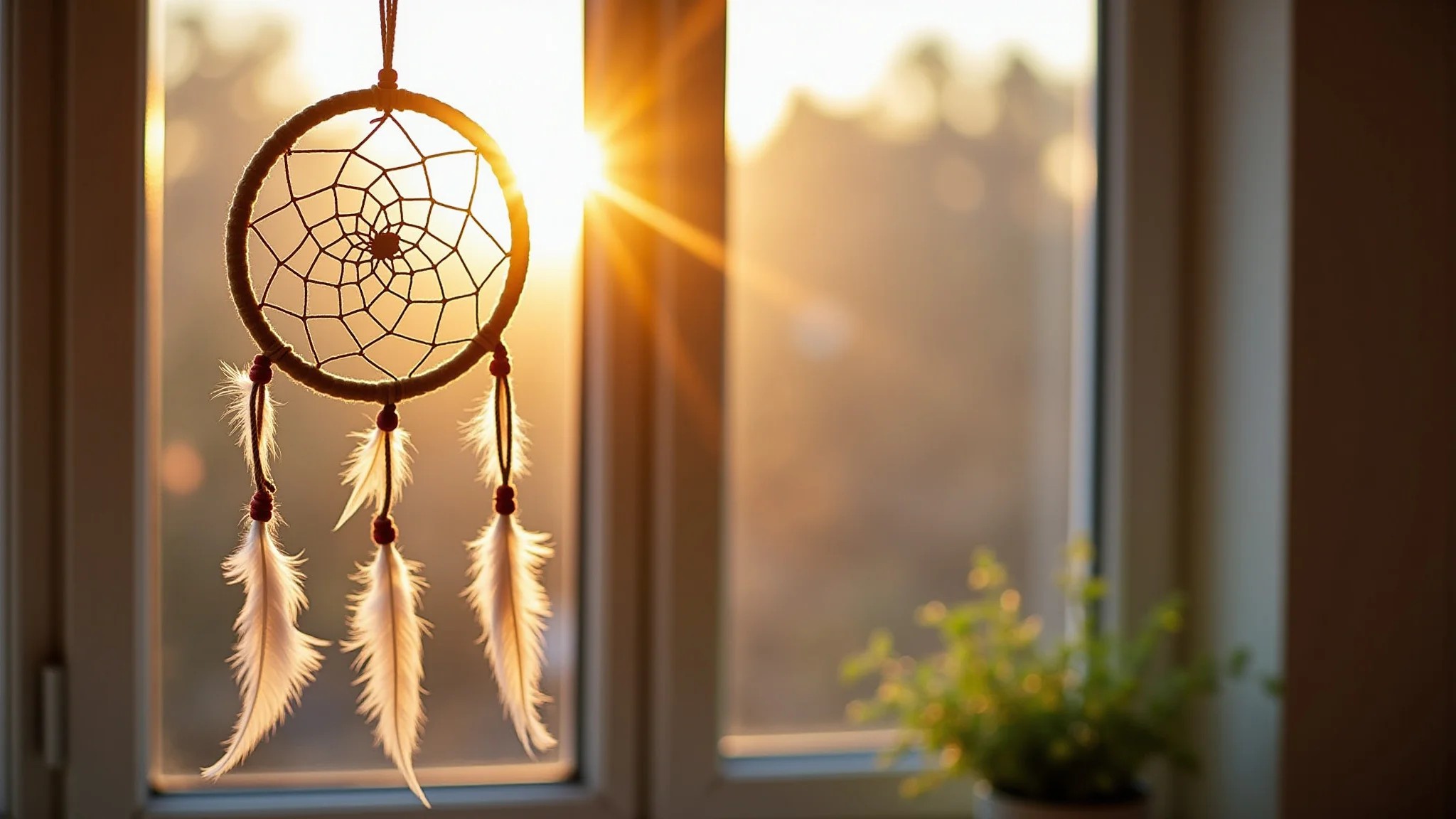 Filtro dos sonhos boho feito à mão pendurado em uma janela ensolarada, com penas e miçangas.