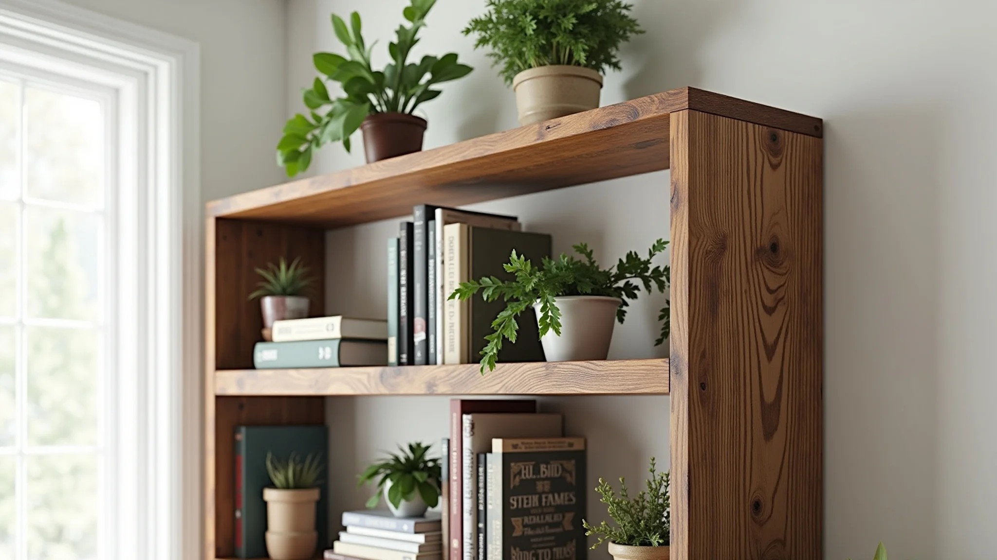 Estante DIY de madeira reciclada, decorada com plantas e livros.