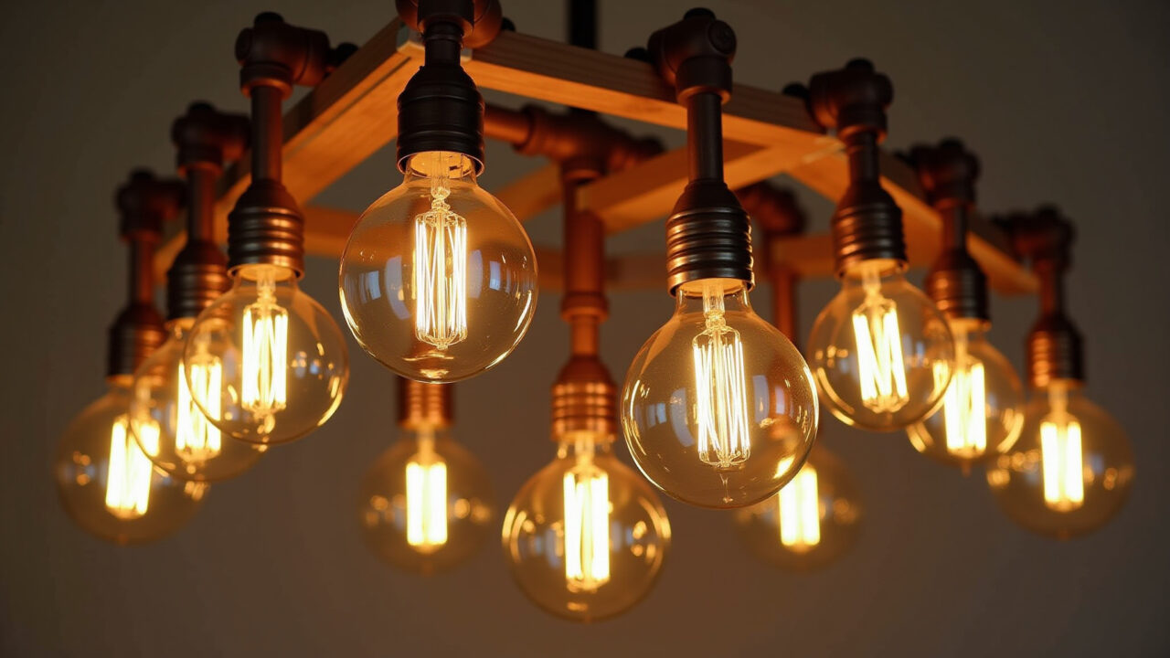 Lustre DIY com lâmpadas de filamento, canos de cobre e madeira reaproveitada.