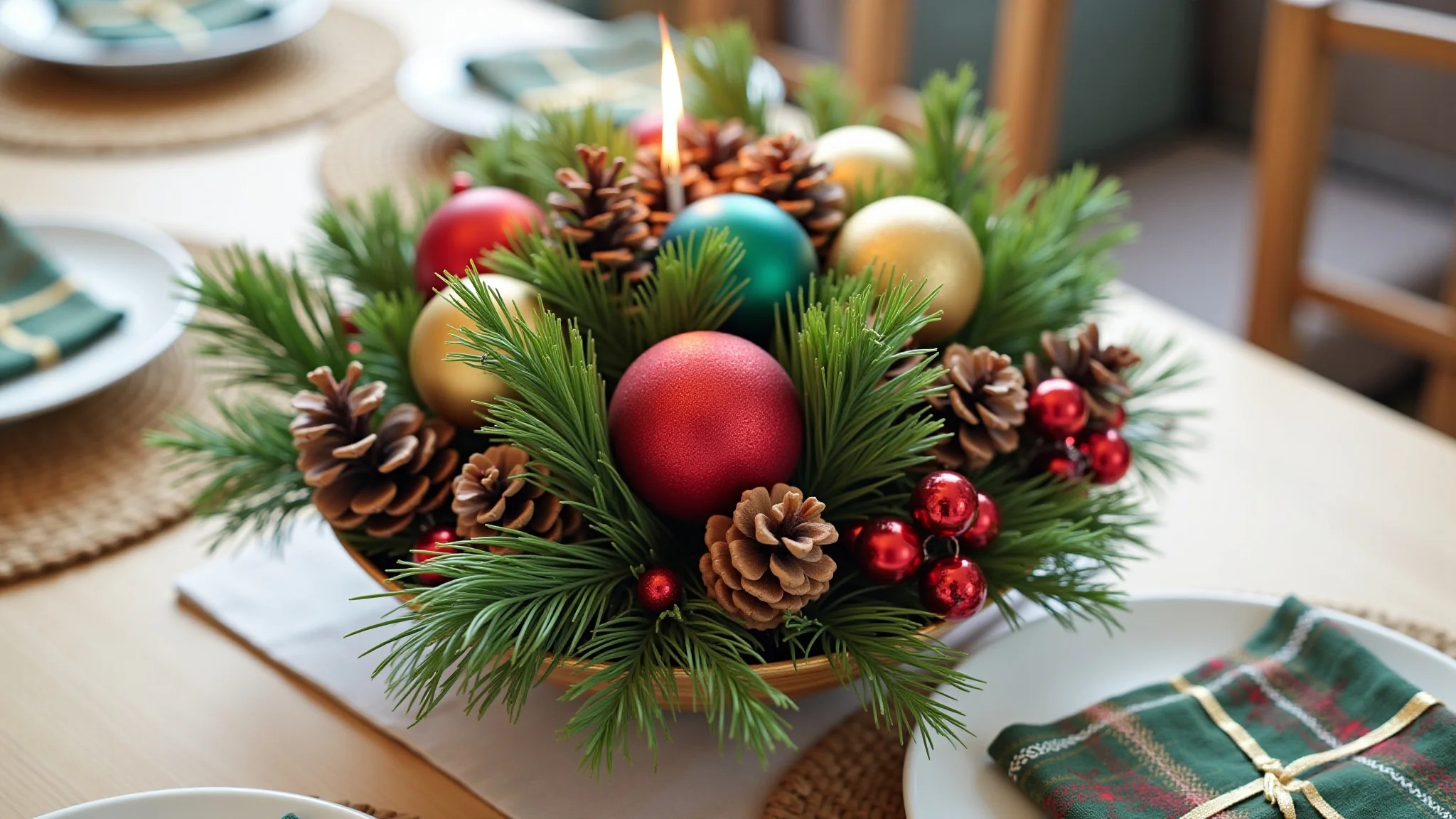Centro de mesa de Natal DIY com pinhas e bolas coloridas.