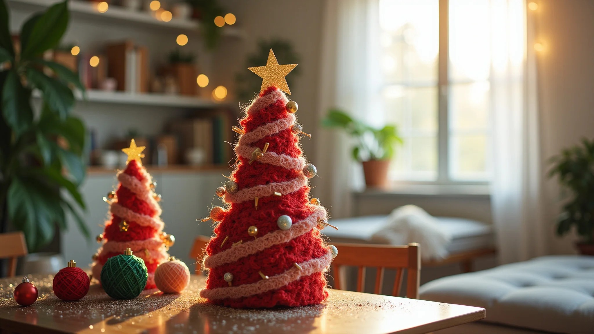 Árvore de Natal de barbante colorida, decoração DIY, estilo brasileiro.