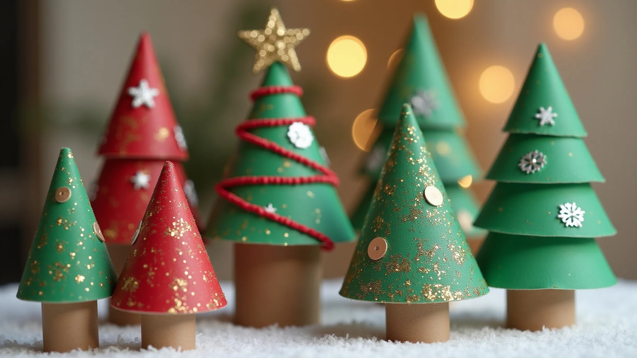 Enfeites de Natal DIY feitos de rolos de papel higiênico reciclados.