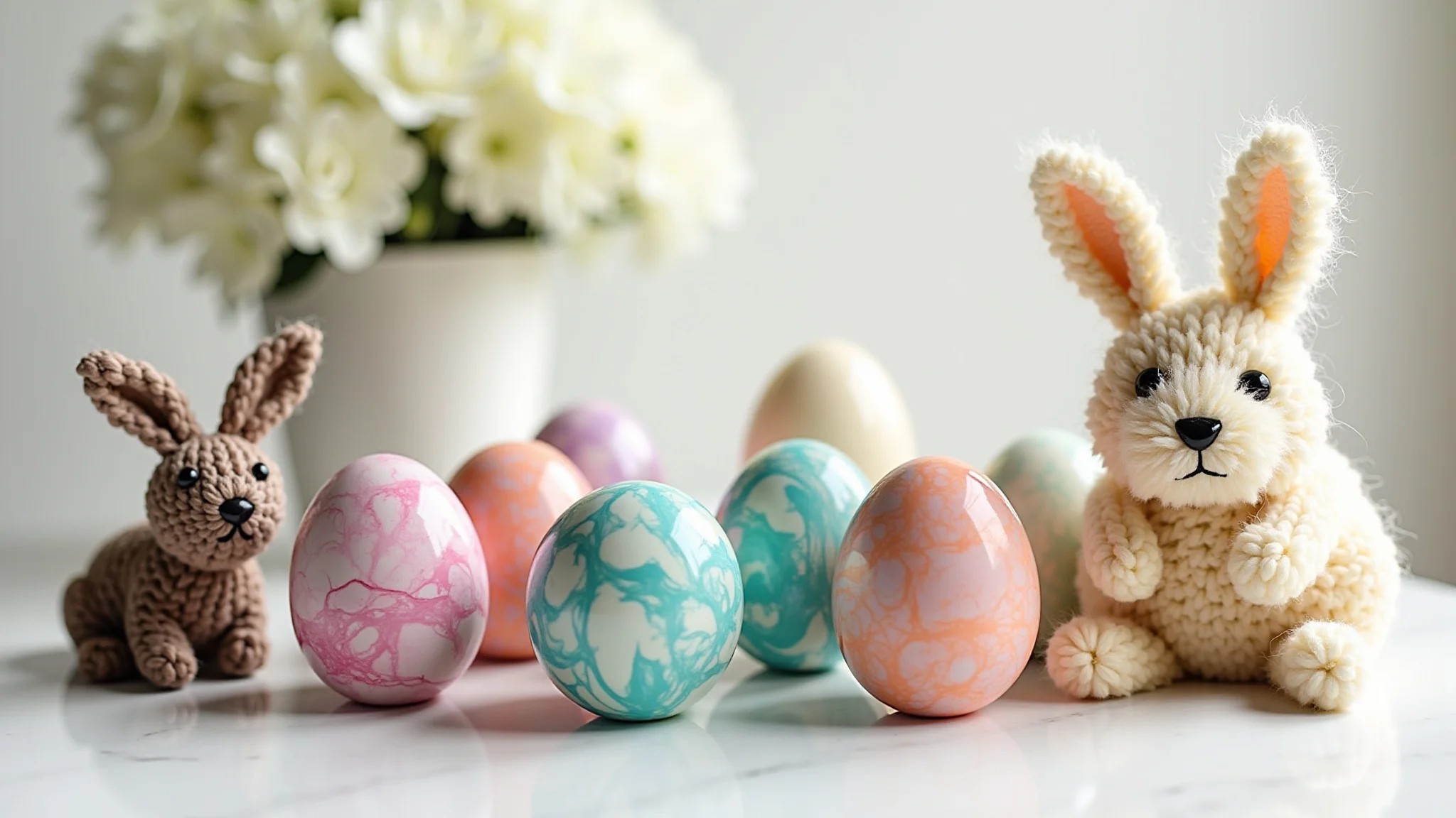 Decorações de Páscoa DIY: ovos marmorizados e coelhos de lã.