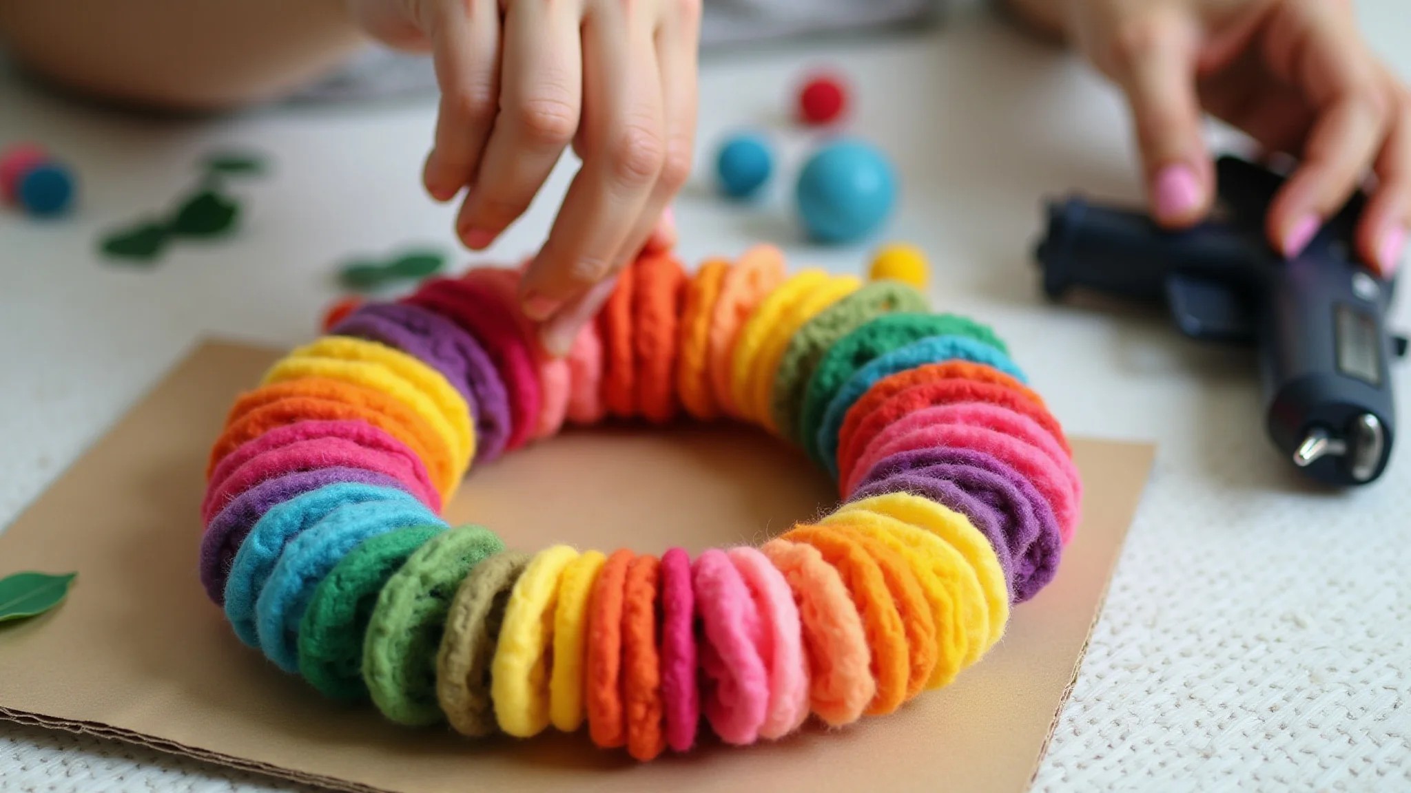 Guirlanda de feltro DIY em andamento, tiras coloridas, base de papelão.