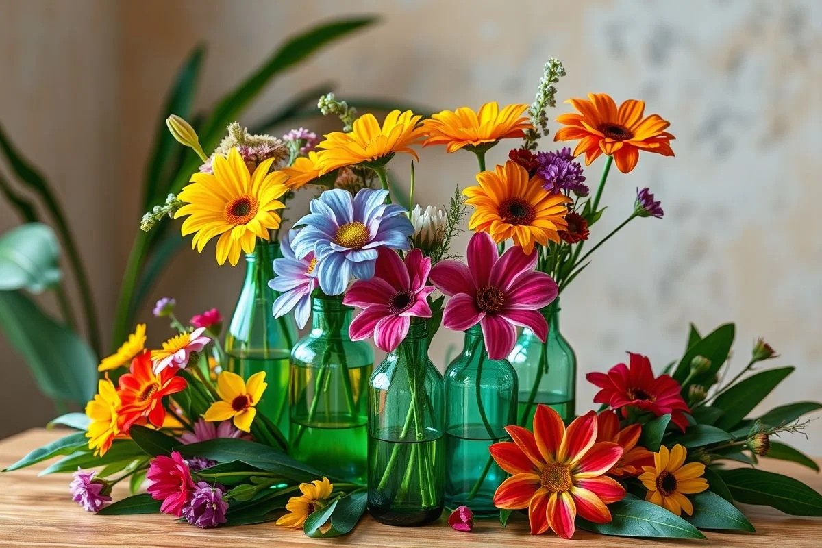 Arranjo de flores DIY em garrafas de vidro recicladas para centro de mesa.
