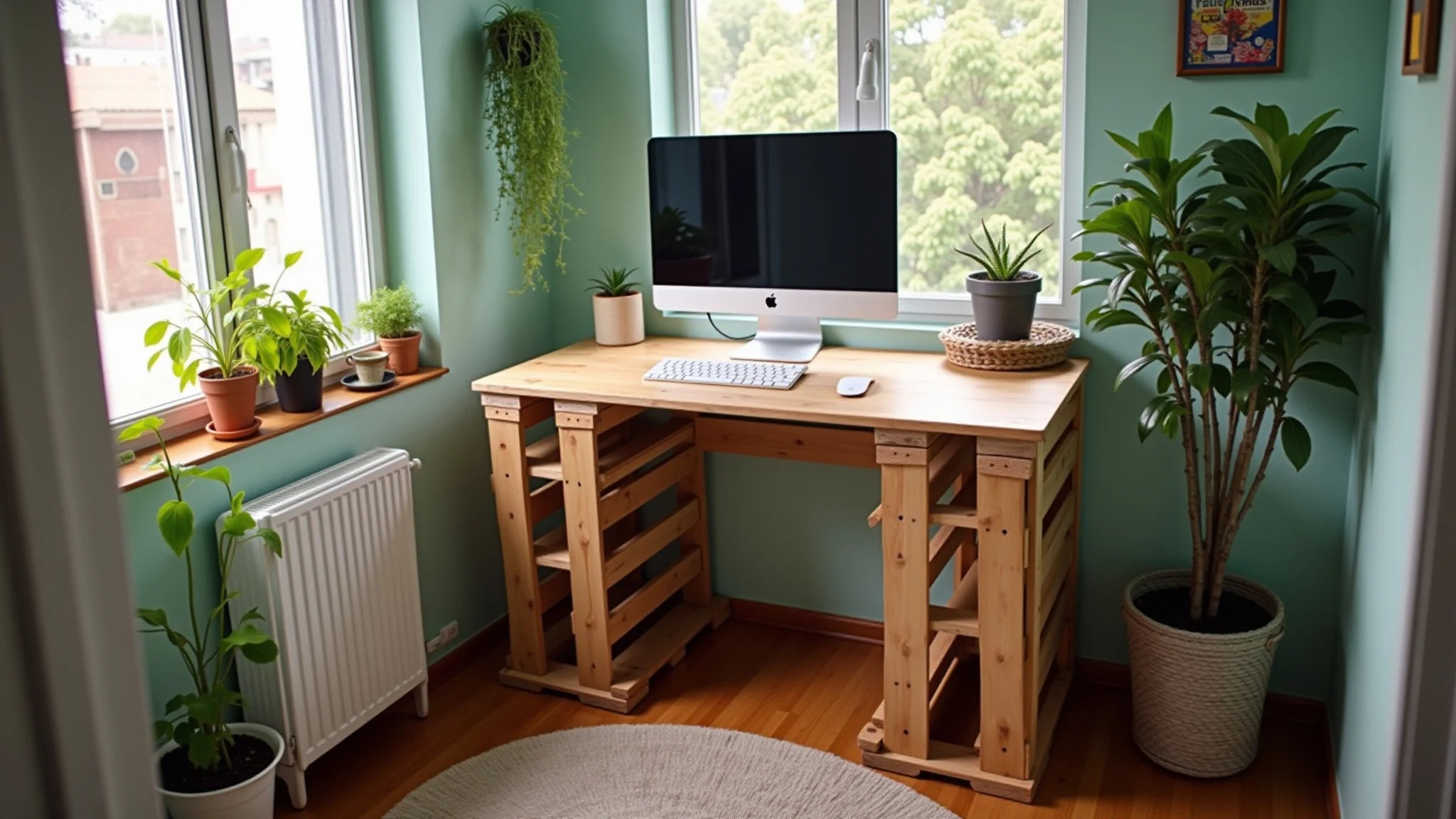 Mesa dobrável DIY feita de pallets reciclados em pequeno apartamento no Brasil.