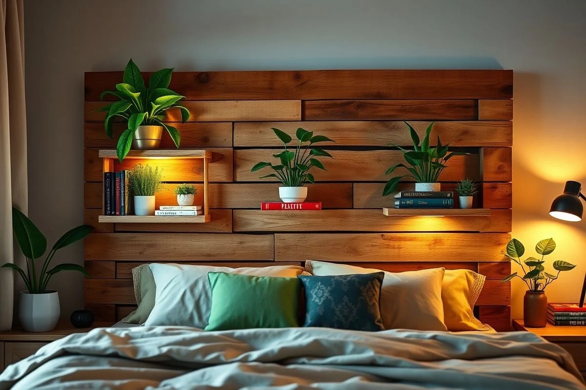 Cabeceira de pallet com prateleiras, plantas e livros