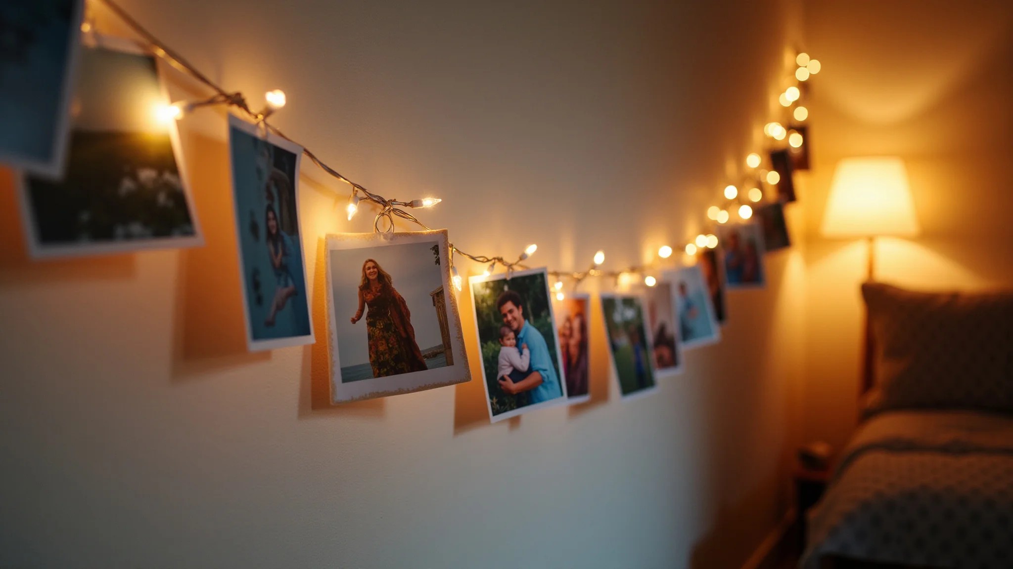 Varal de fotos iluminado em quarto Tumblr com decoração brasileira.
