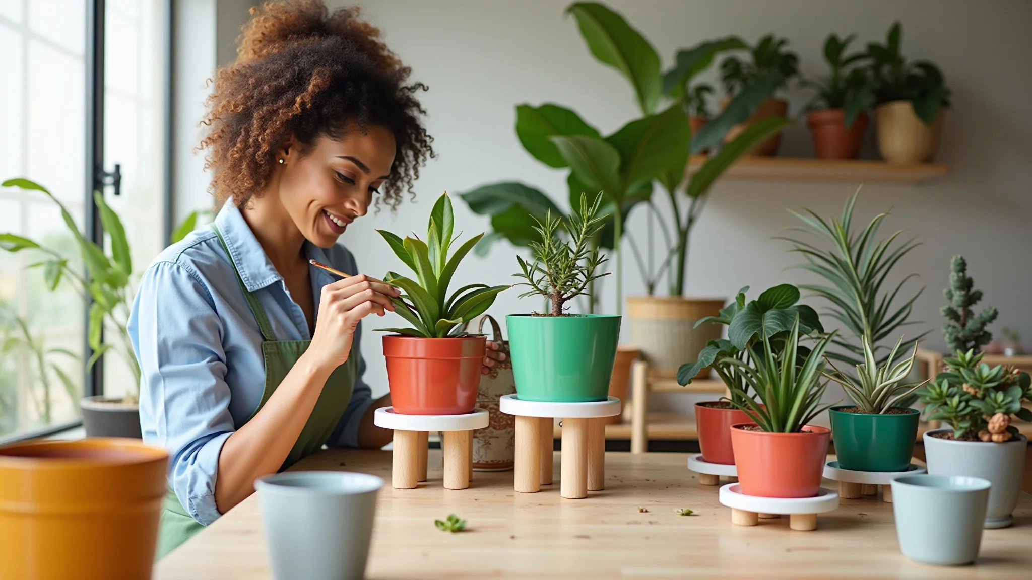 Projeto DIY de suporte para plantas, mulher pintando suporte de madeira.