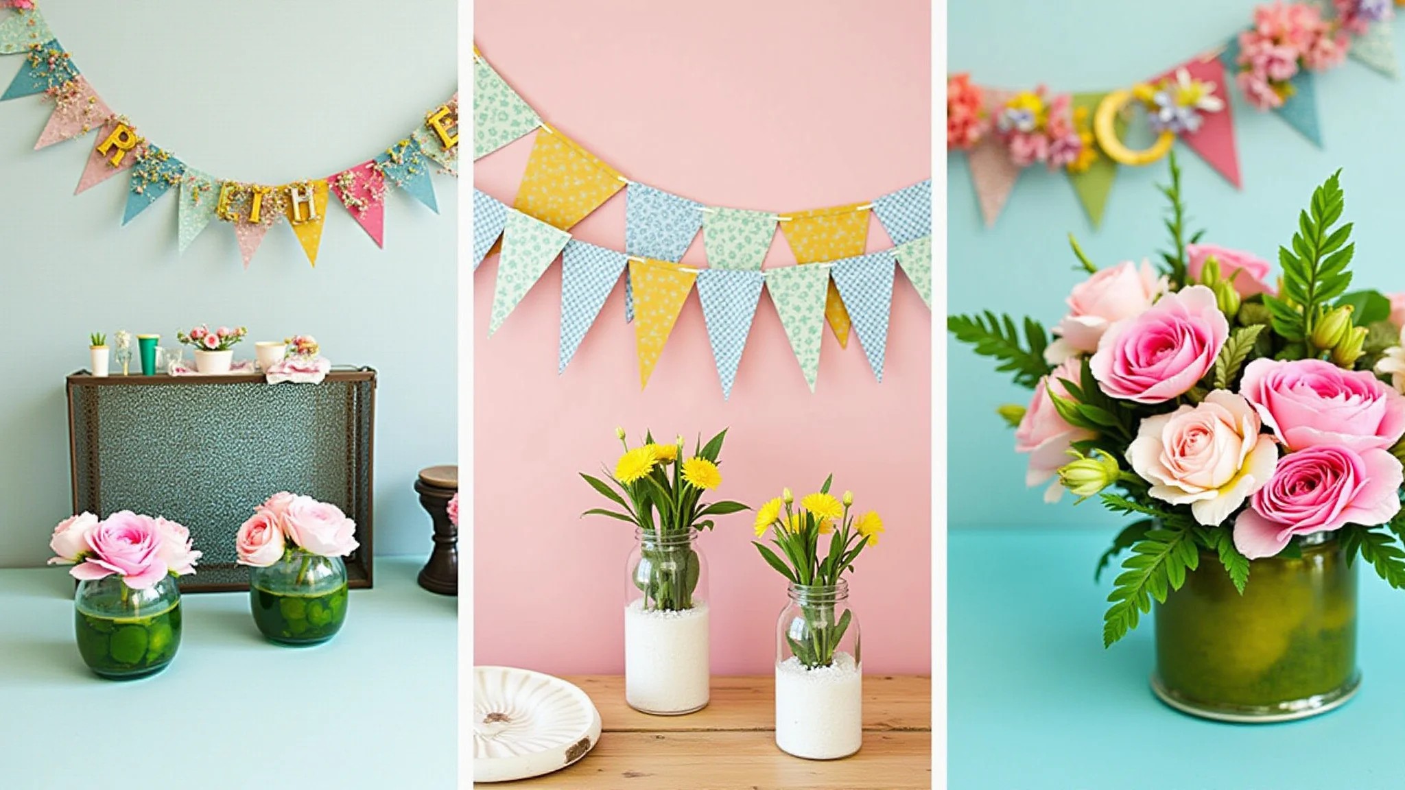 Decorações DIY para pool party, guirlandas de papel coloridas e centros de mesa temáticos.