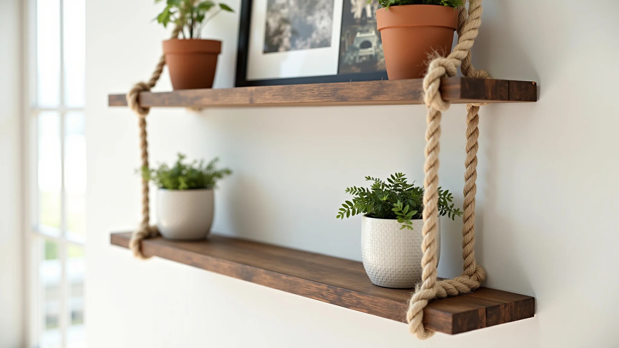 Prateleira de corda DIY com madeira rústica e decoração boho chic.