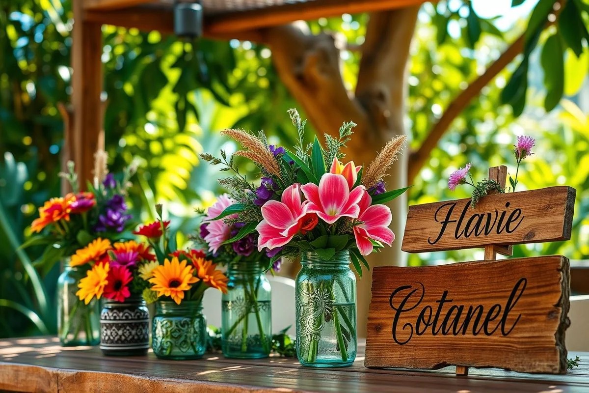 Decorações de casamento rústico DIY no Brasil com arranjos florais artesanais e materiais reciclados.