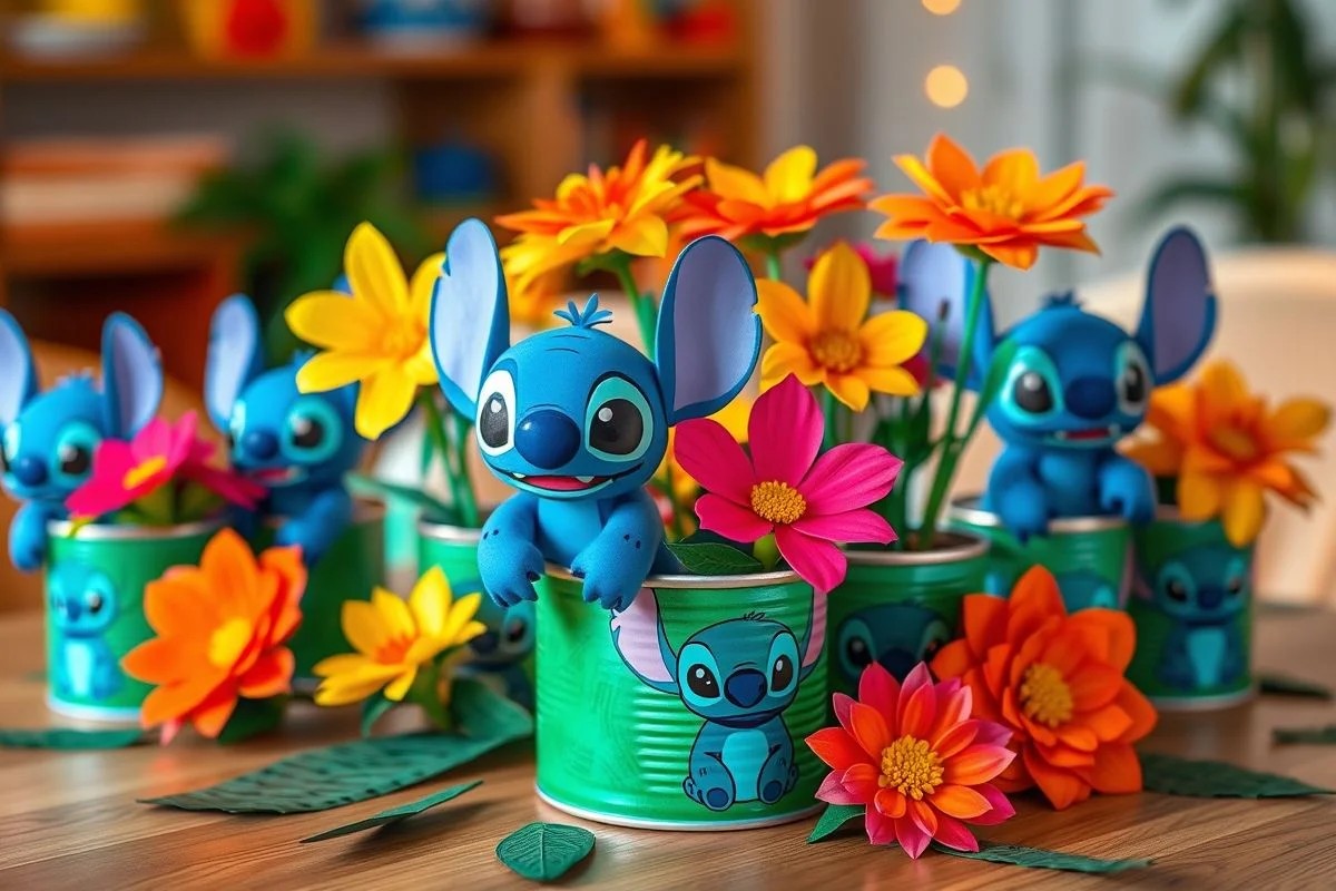 Centro de mesa DIY do Stitch feito com materiais reciclados em festa no Brasil, criativo e sustentável.