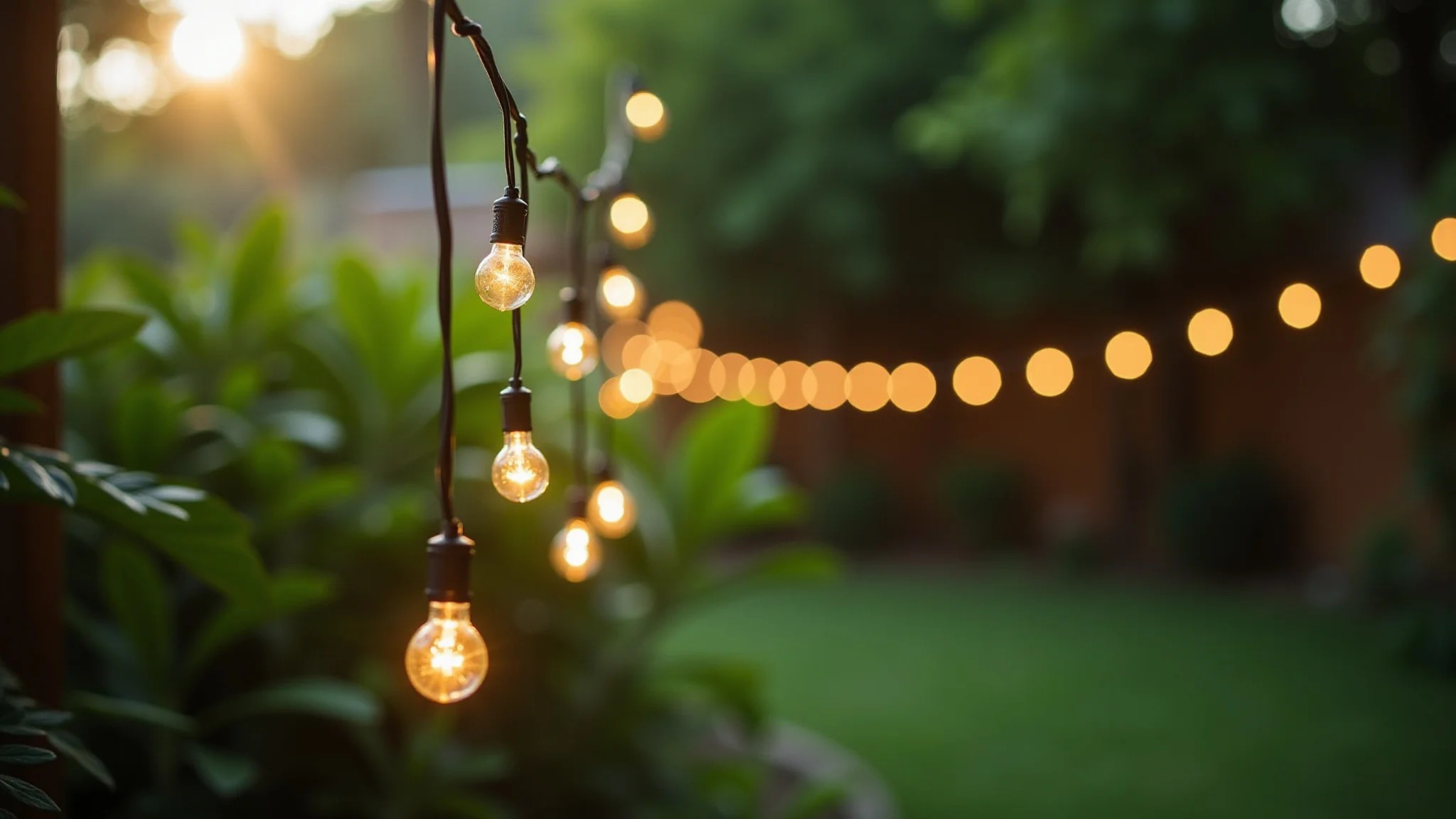 Luminárias de barbante penduradas em um jardim exuberante para festa.