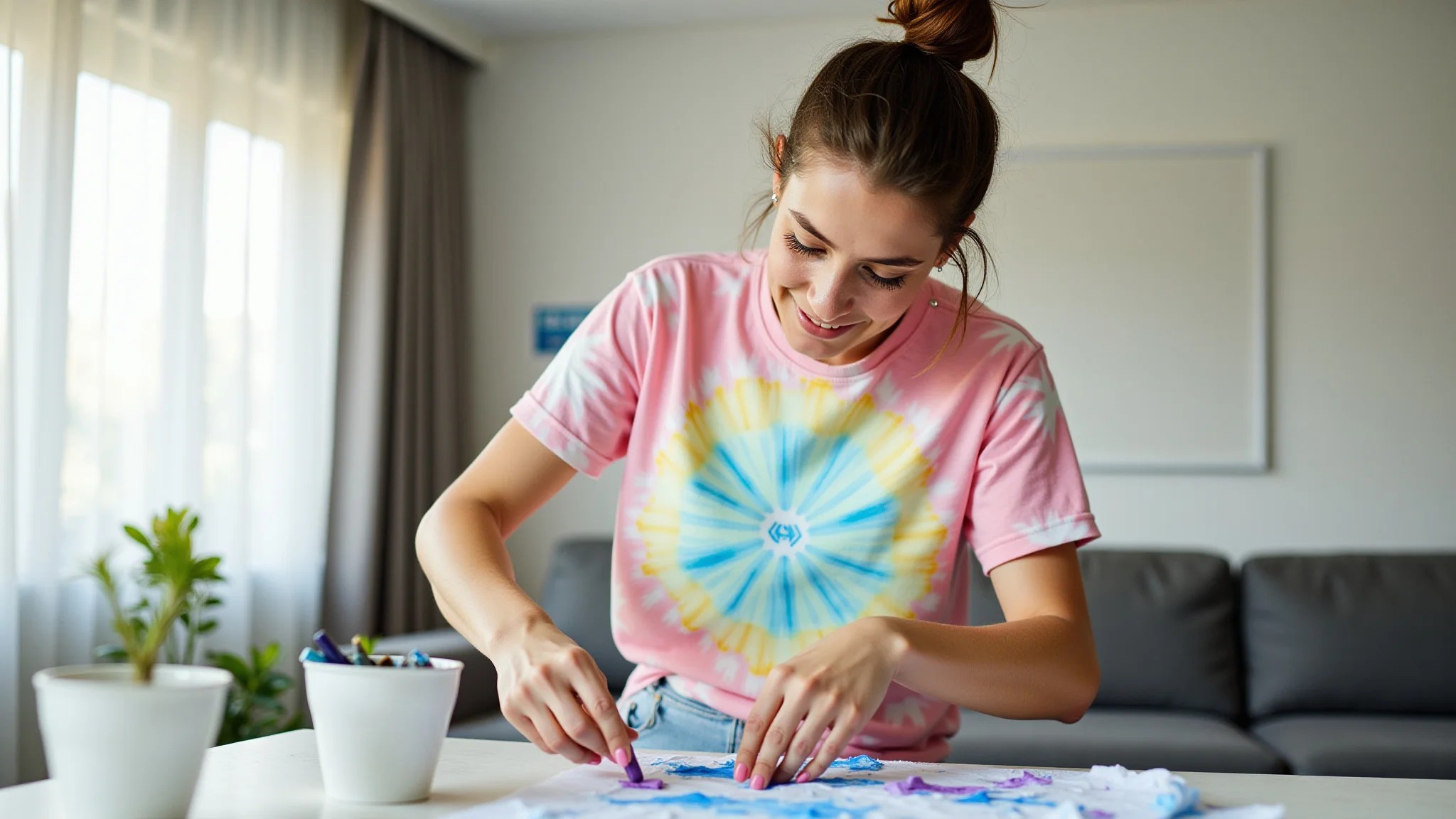 Jovem customizando camiseta com tie-dye, projeto DIY fácil e divertido.