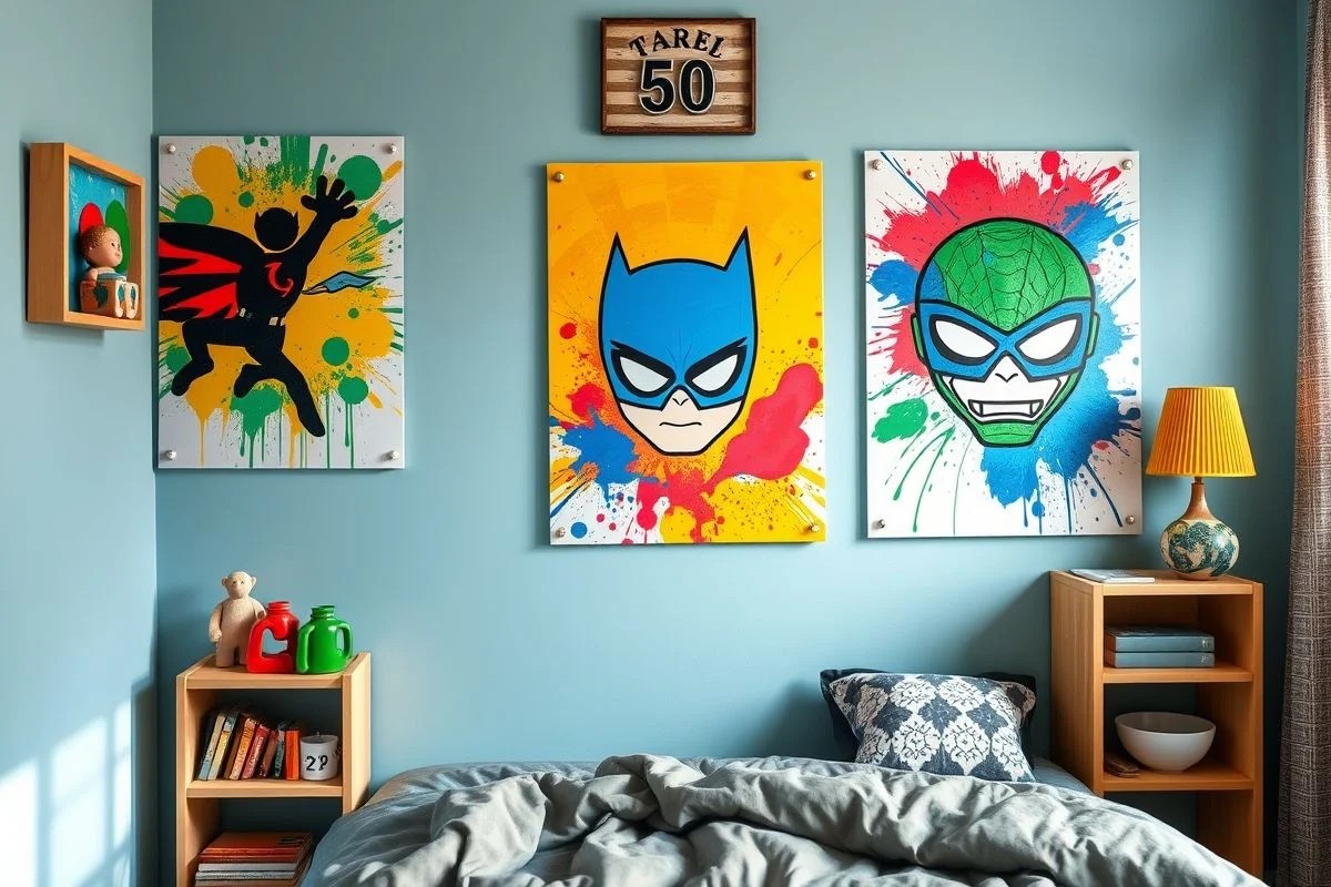 Decoração DIY para quarto de menino com pôsteres de super-heróis feitos à mão. Personalização criativa e divertida.