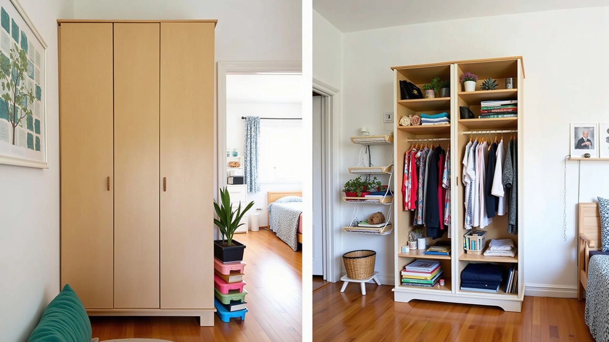 Guarda-roupa DIY feito com materiais reciclados em apartamento brasileiro.