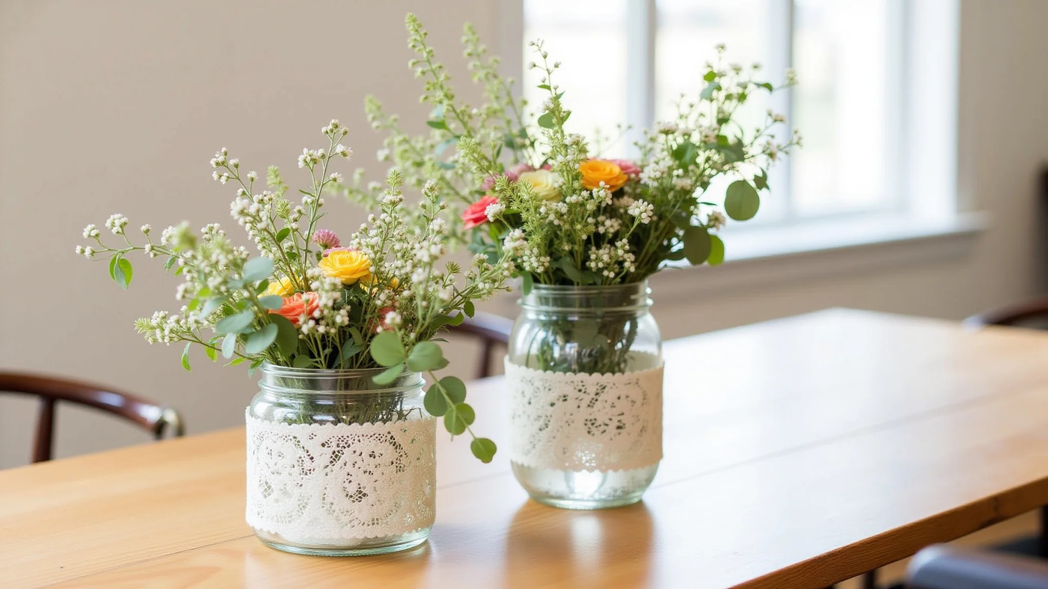 Centros de mesa DIY para casamento com flores silvestres e detalhes em renda.