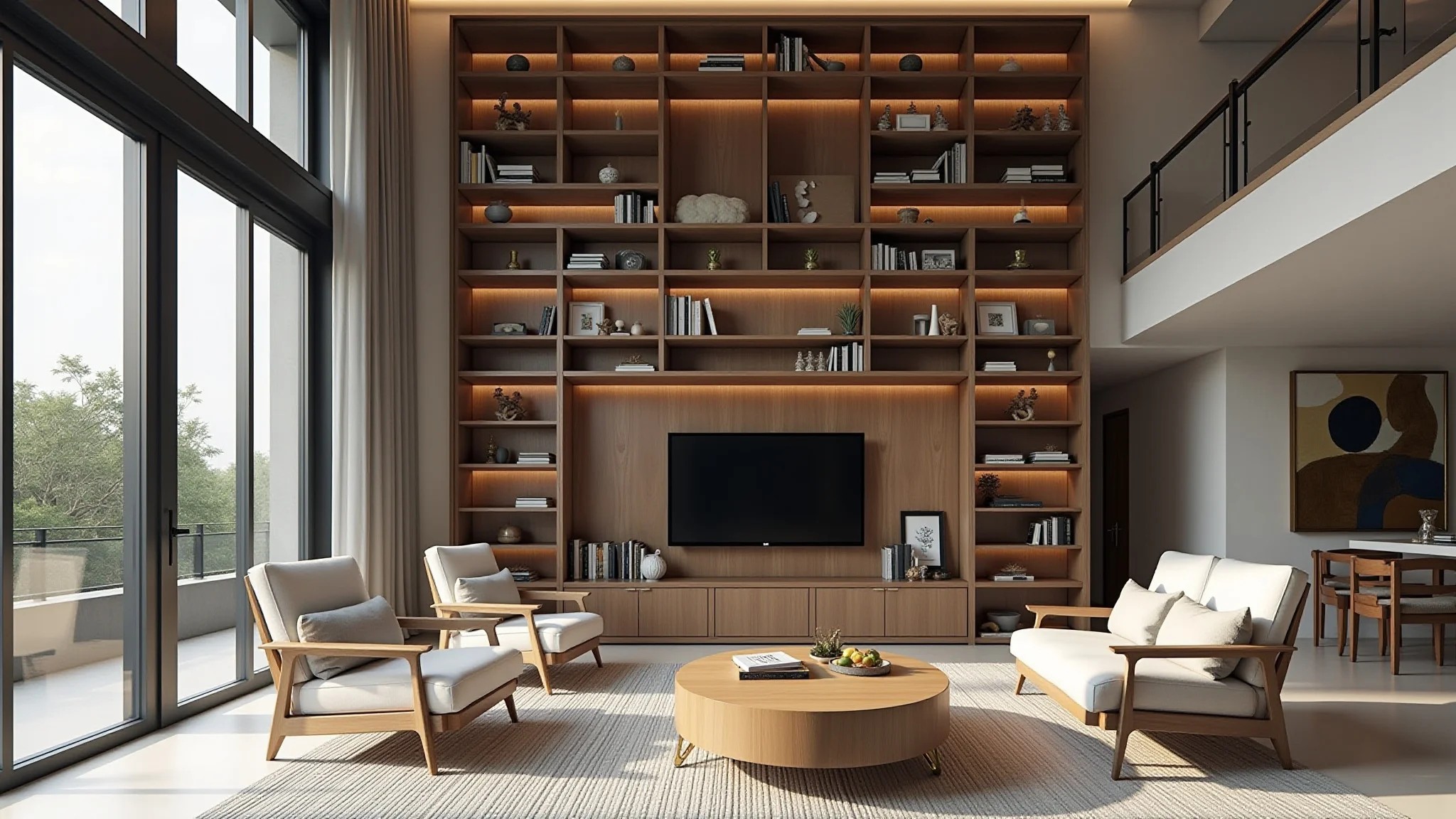 Sala com pé direito duplo, estante alta, poltronas confortáveis e decoração brasileira.