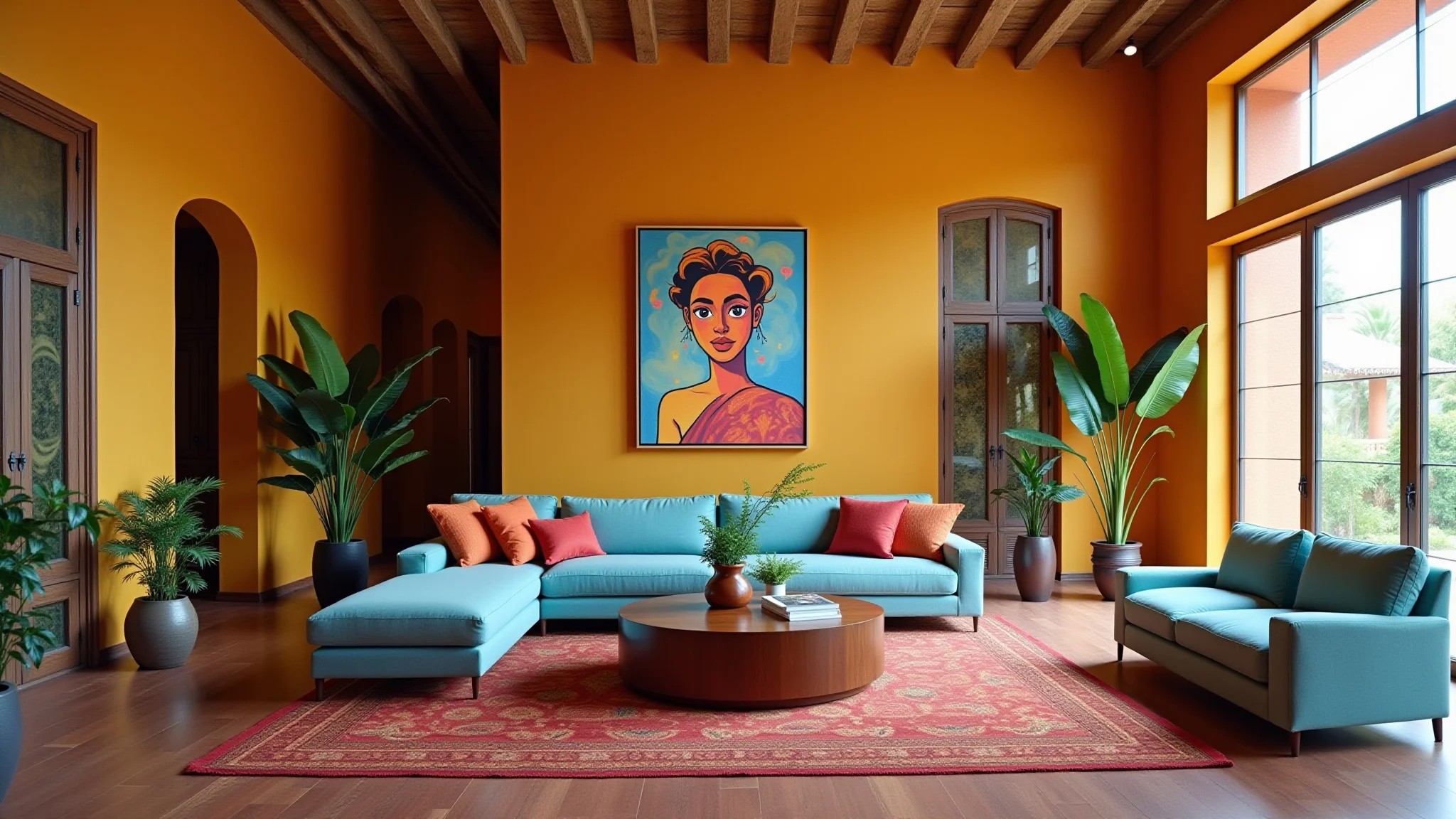 Sala com cores vibrantes, arte grande, móveis brasileiros e iluminação natural.