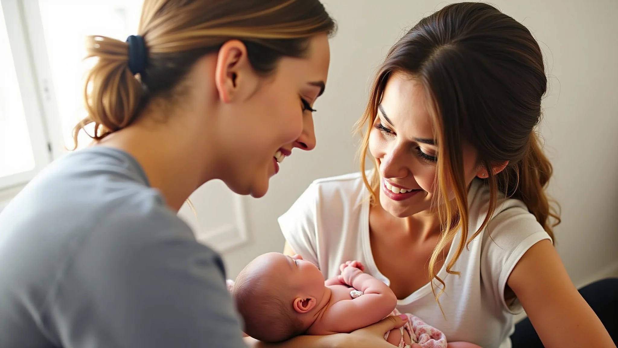 Doula auxiliando mãe com amamentação, apoio profissional.