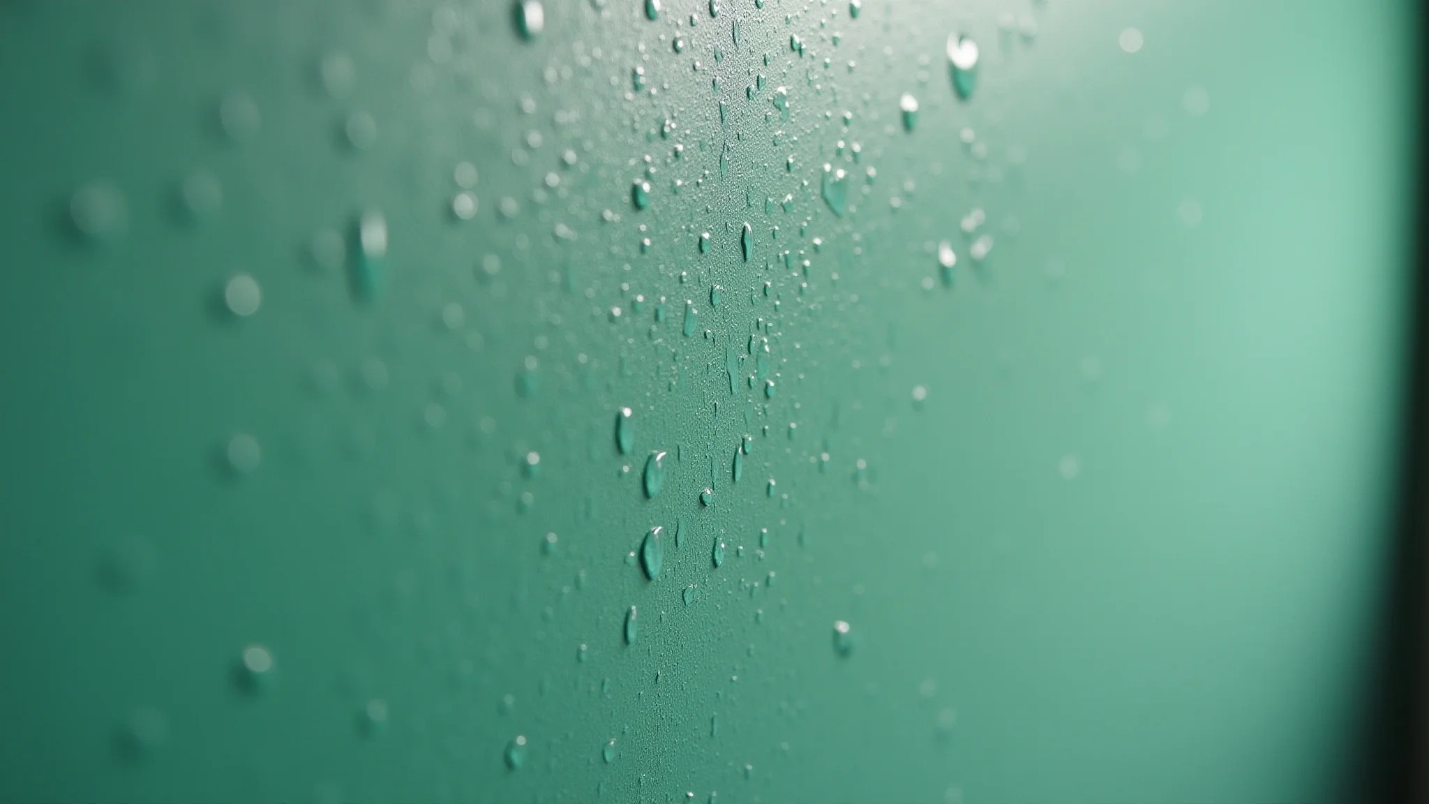 Close-up da placa de drywall RU verde com gotas de água, resistente à umidade.