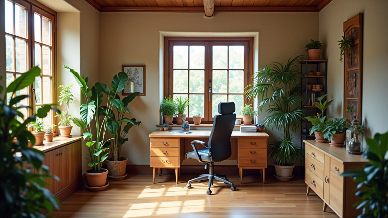 Escritório rústico com tons terrosos e plantas.