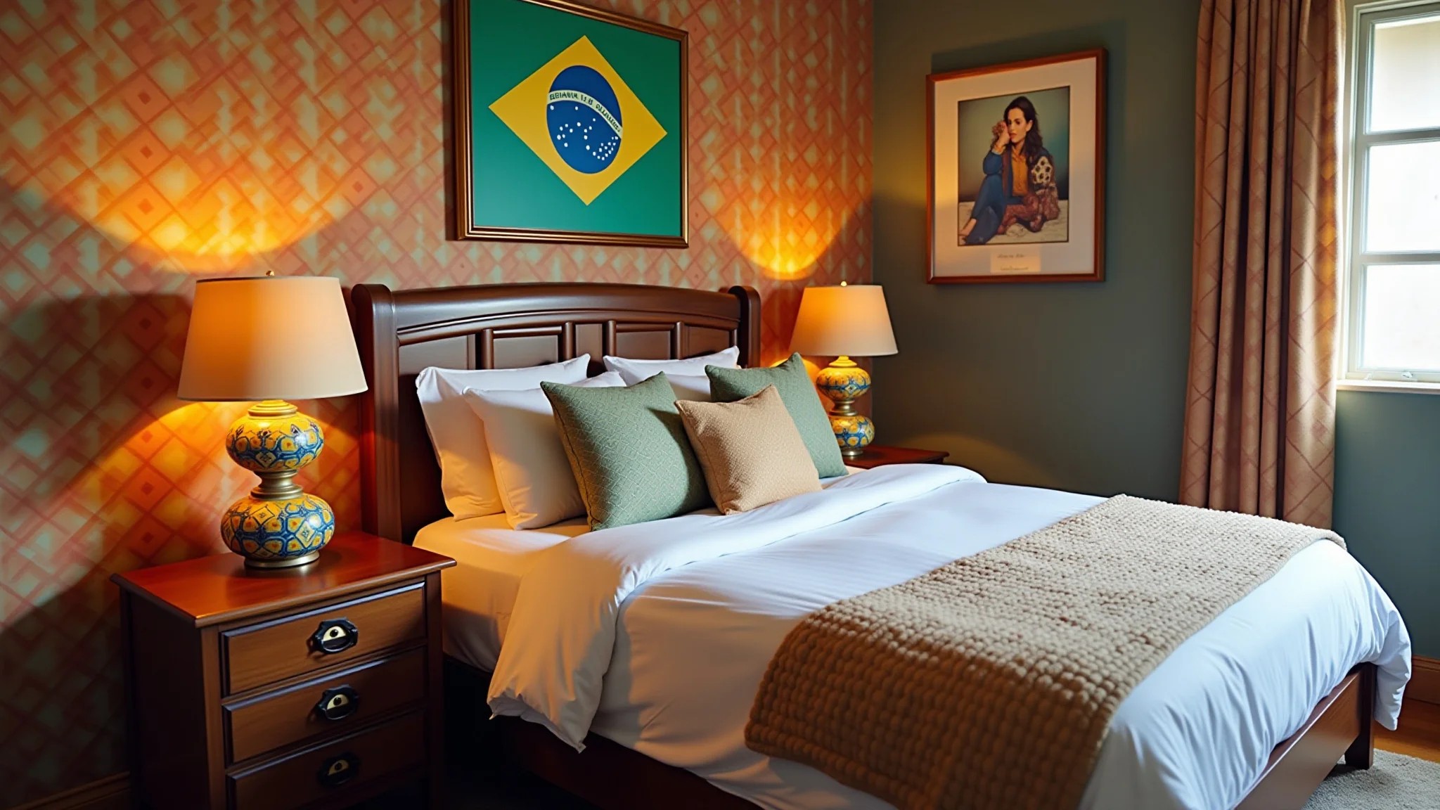 Quarto eclético com abajur colorido e obras de arte brasileiras.