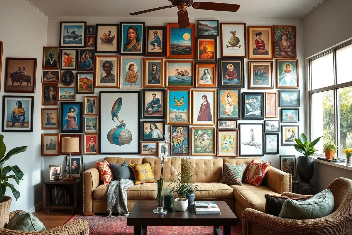 Parede com galeria de quadros diversos em sala brasileira.
