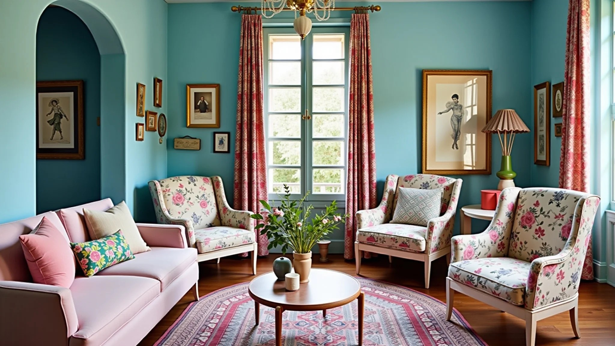Sala de estar azul e rosa: uma combinação ousada e cheia de personalidade.