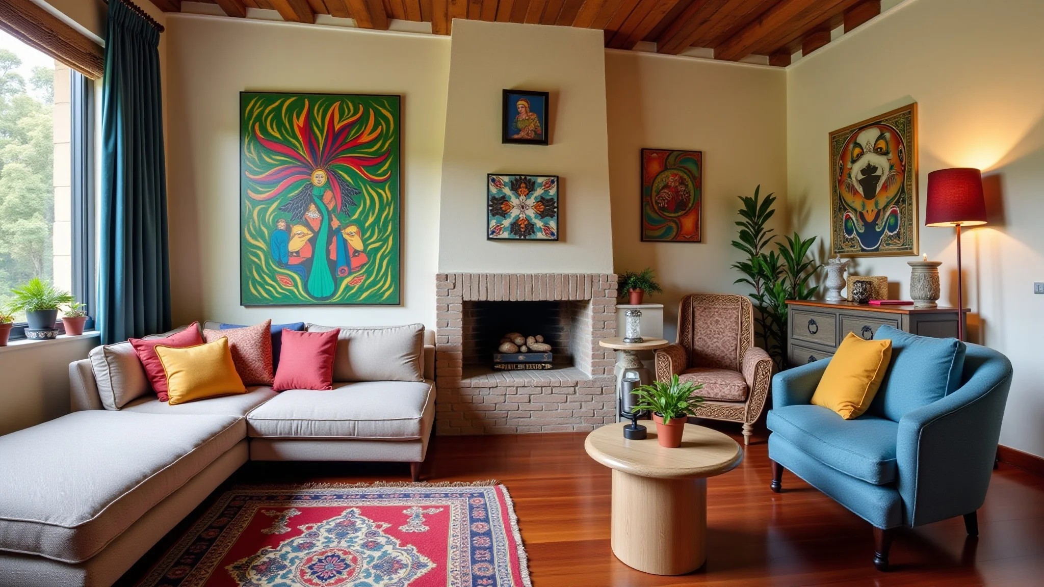 Sala de estar eclética com mistura de estilos e arte colorida.
