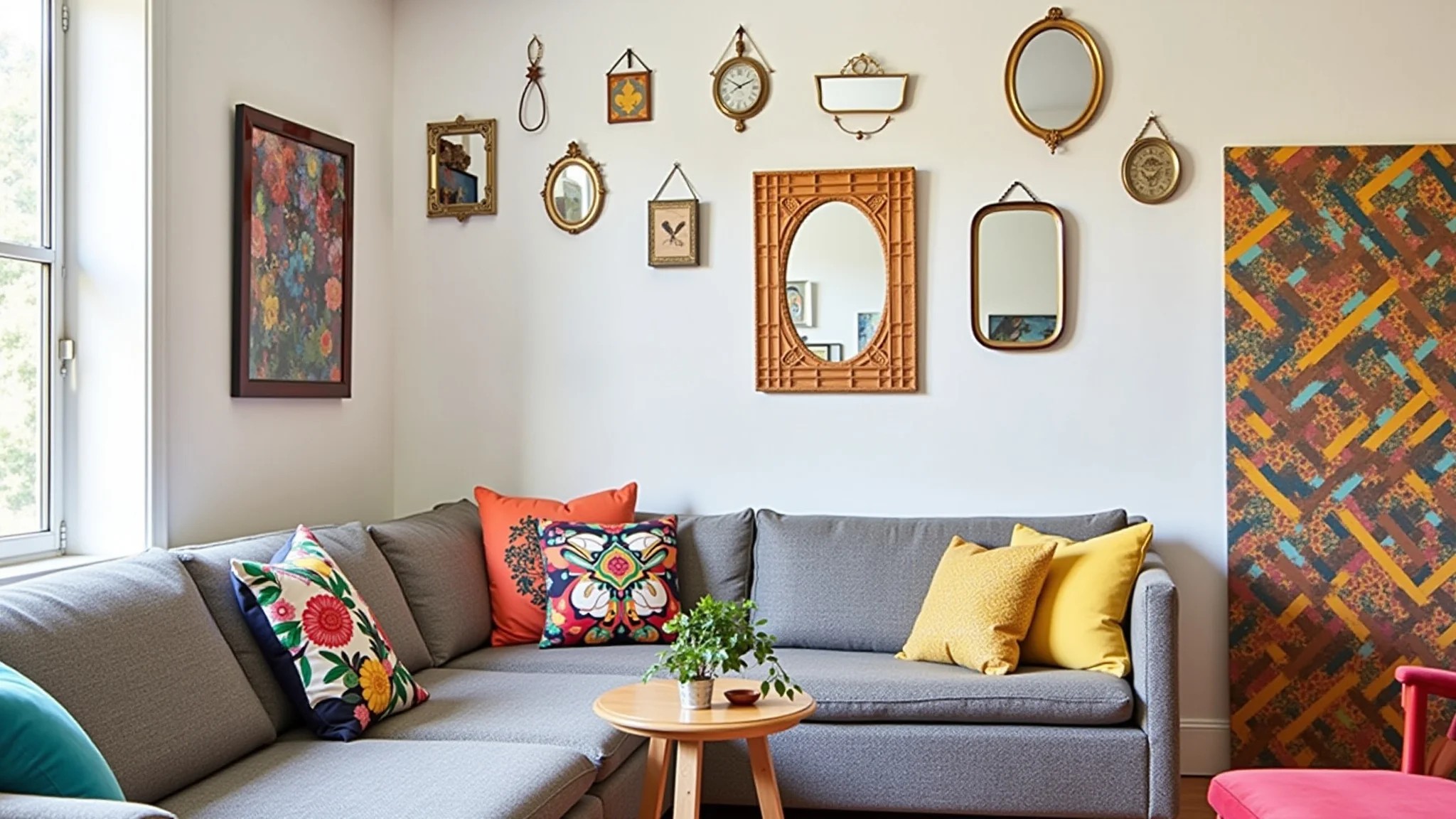Sala eclética com vários espelhos pequenos na parede e decoração colorida.