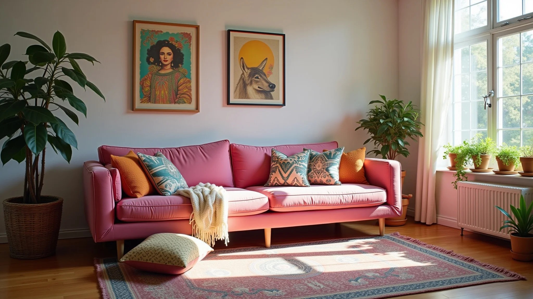Sala de estar eclética com sofá rosa, almofadas coloridas e estilo boêmio.