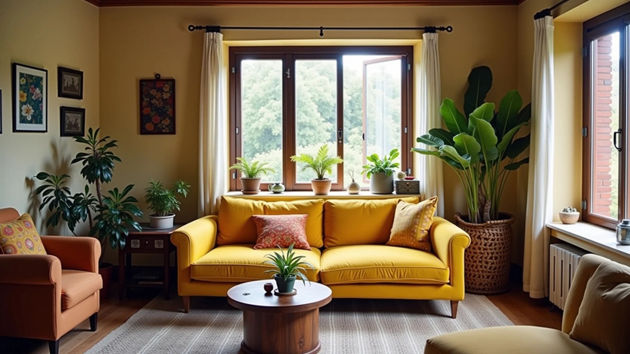 Sala de estar eclética com sofá amarelo, móveis vintage e decoração brasileira.