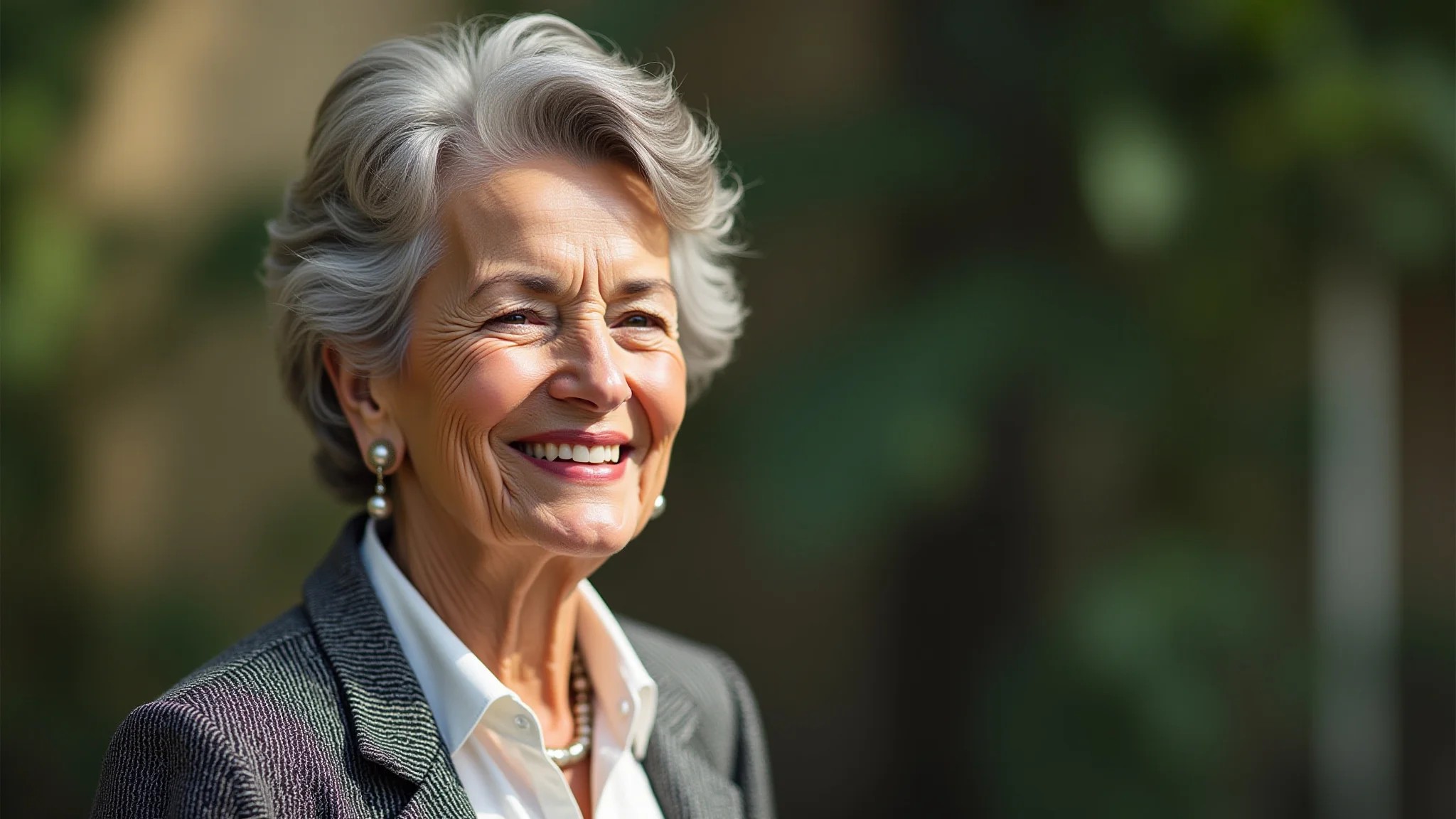 Senhora brasileira com estilo inspirado em Coco Chanel, sorrindo confiantemente.