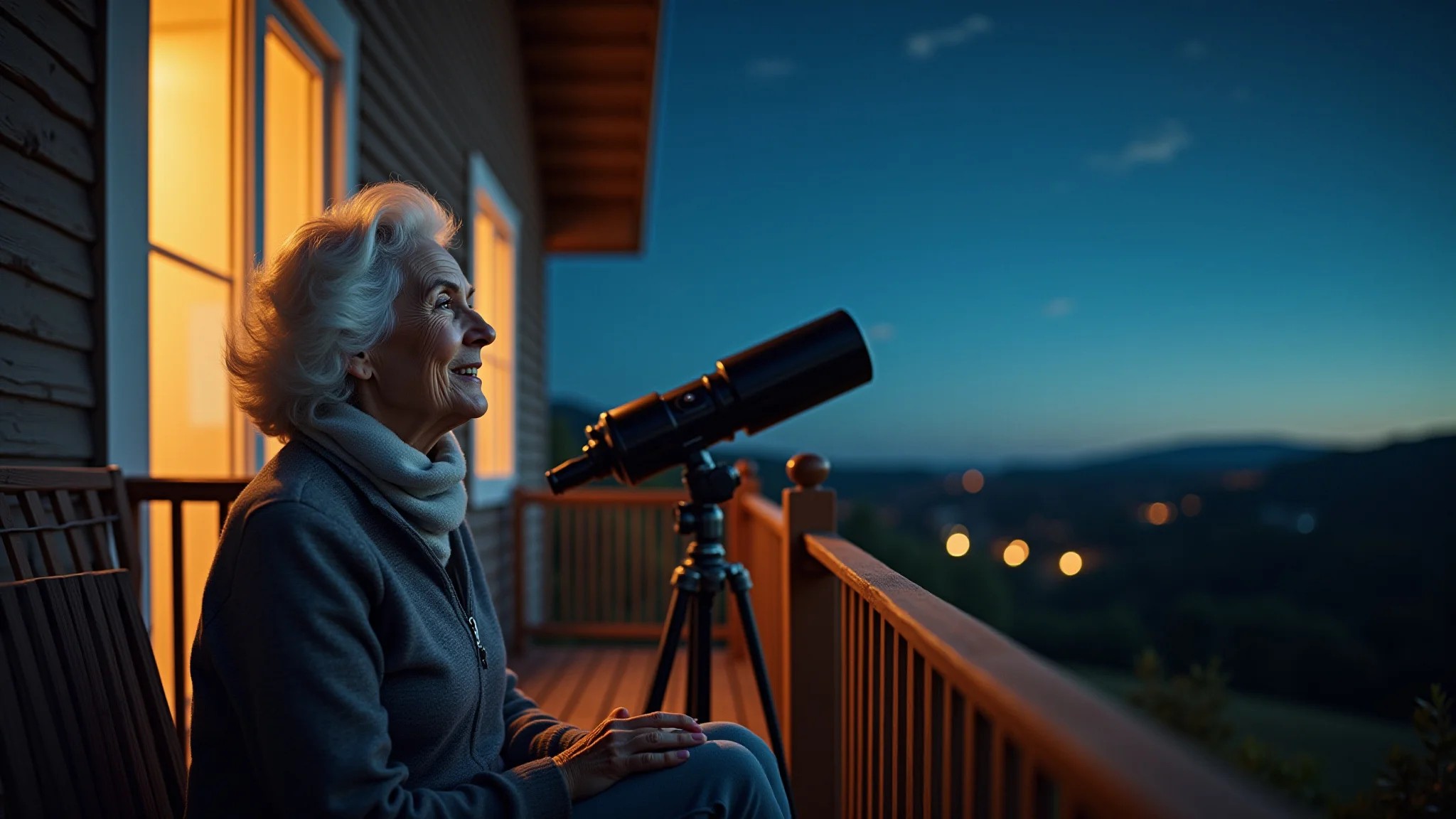 Senhora de cabelos grisalhos observando o céu noturno com um telescópio.