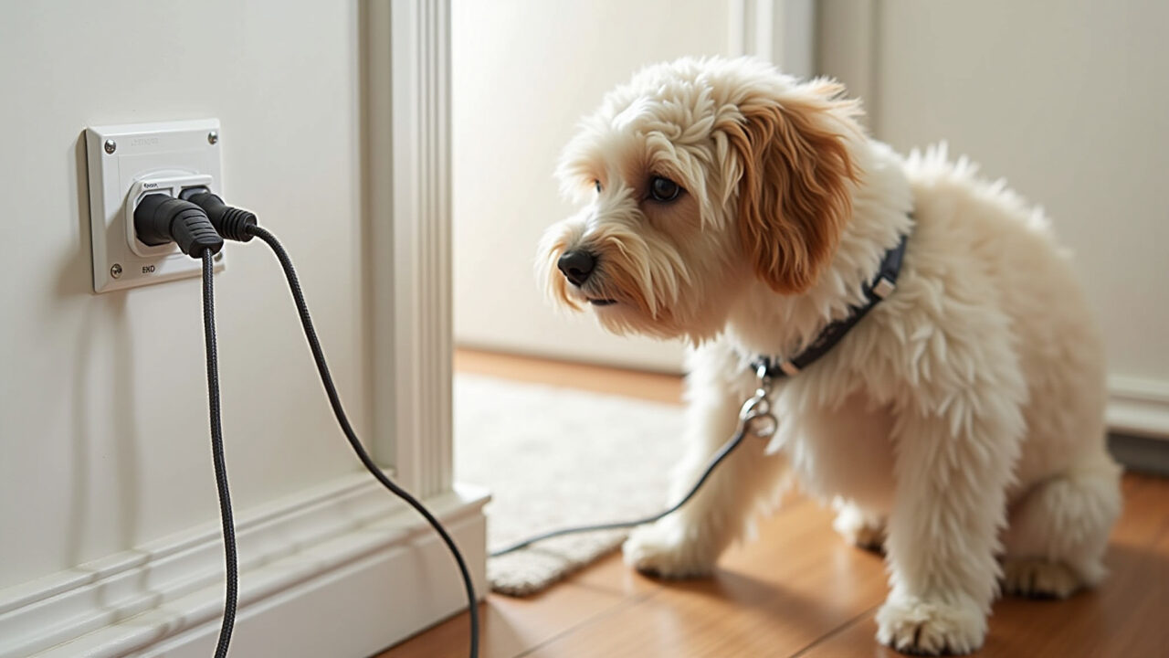 Fios elétricos protegidos com capas para evitar que cães mordam.