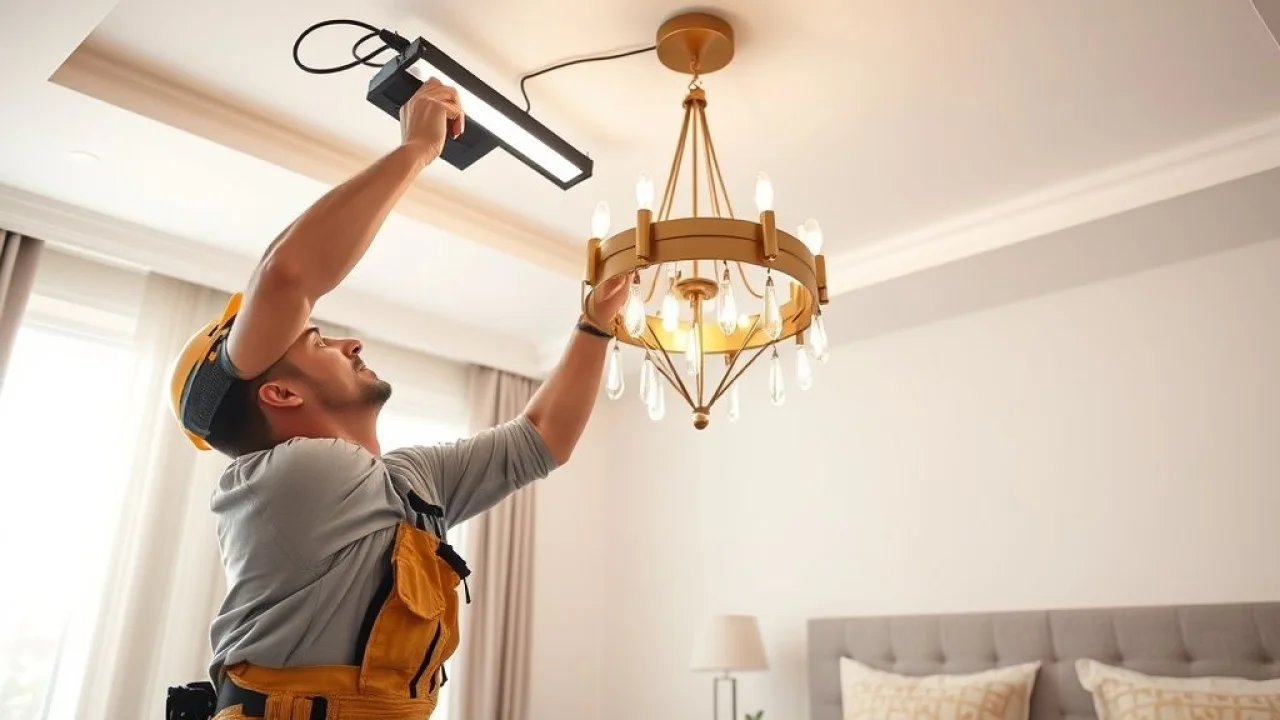 Eletricista instalando um lustre LED moderno em um quarto de casal, com segurança.