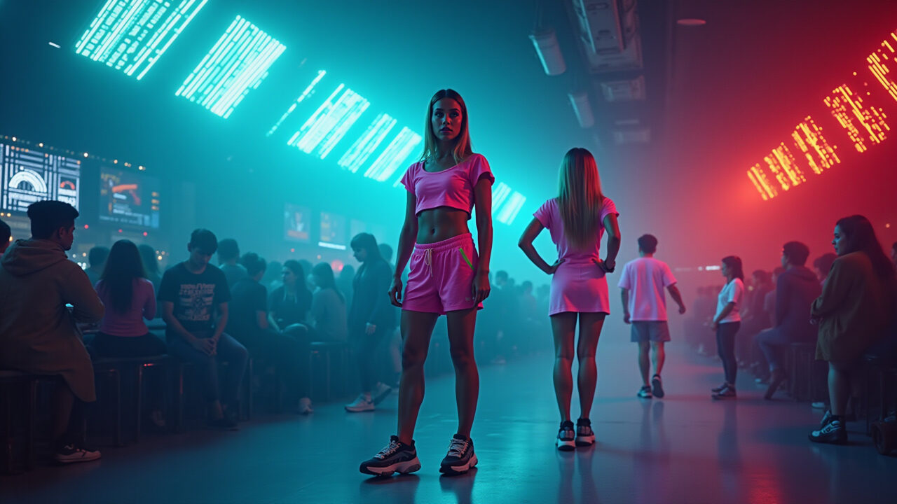 Moda futurista da música eletrônica: cores neon em festa no Brasil.