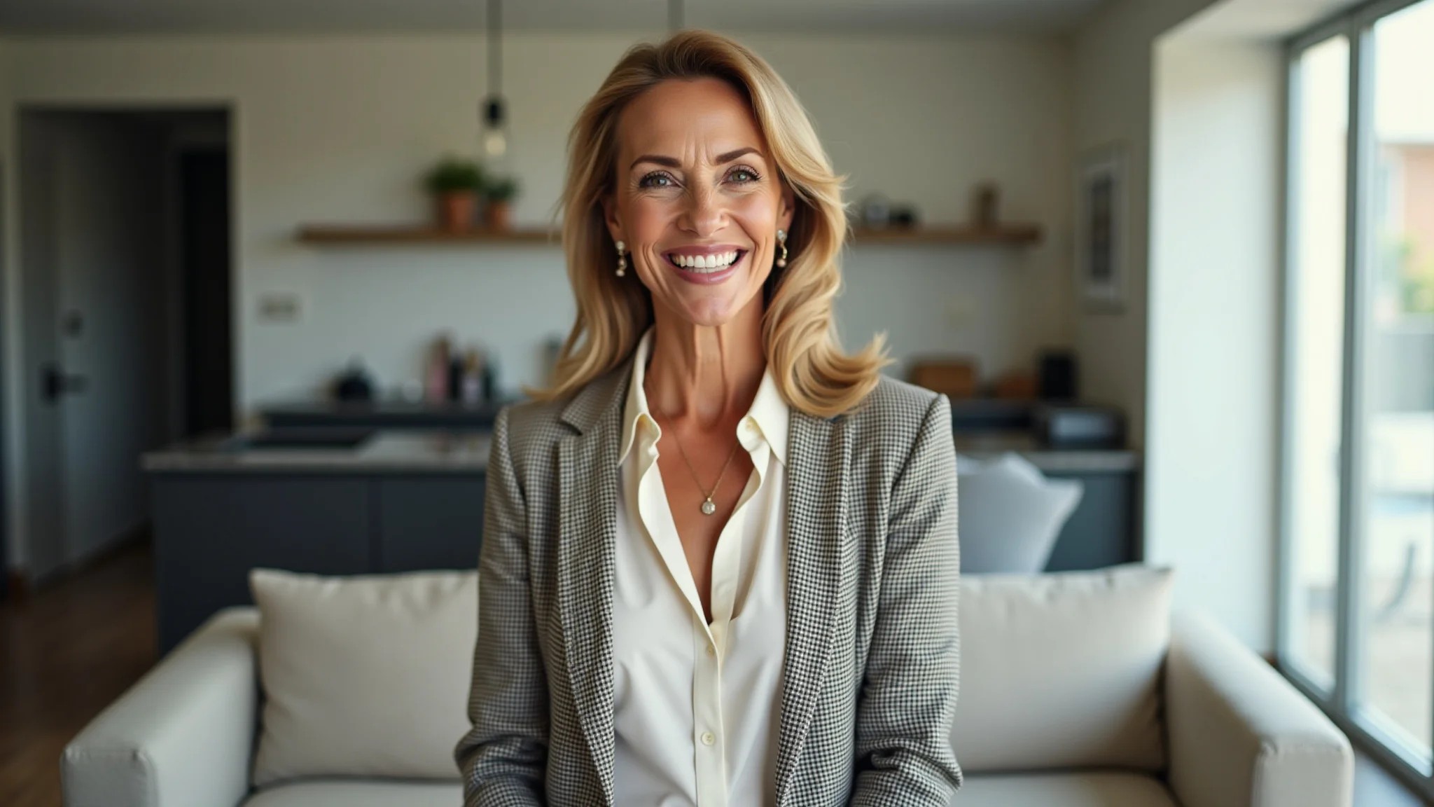 Mulher de 50 anos elegante em look casual estiloso, maquiagem natural, sorriso confiante.