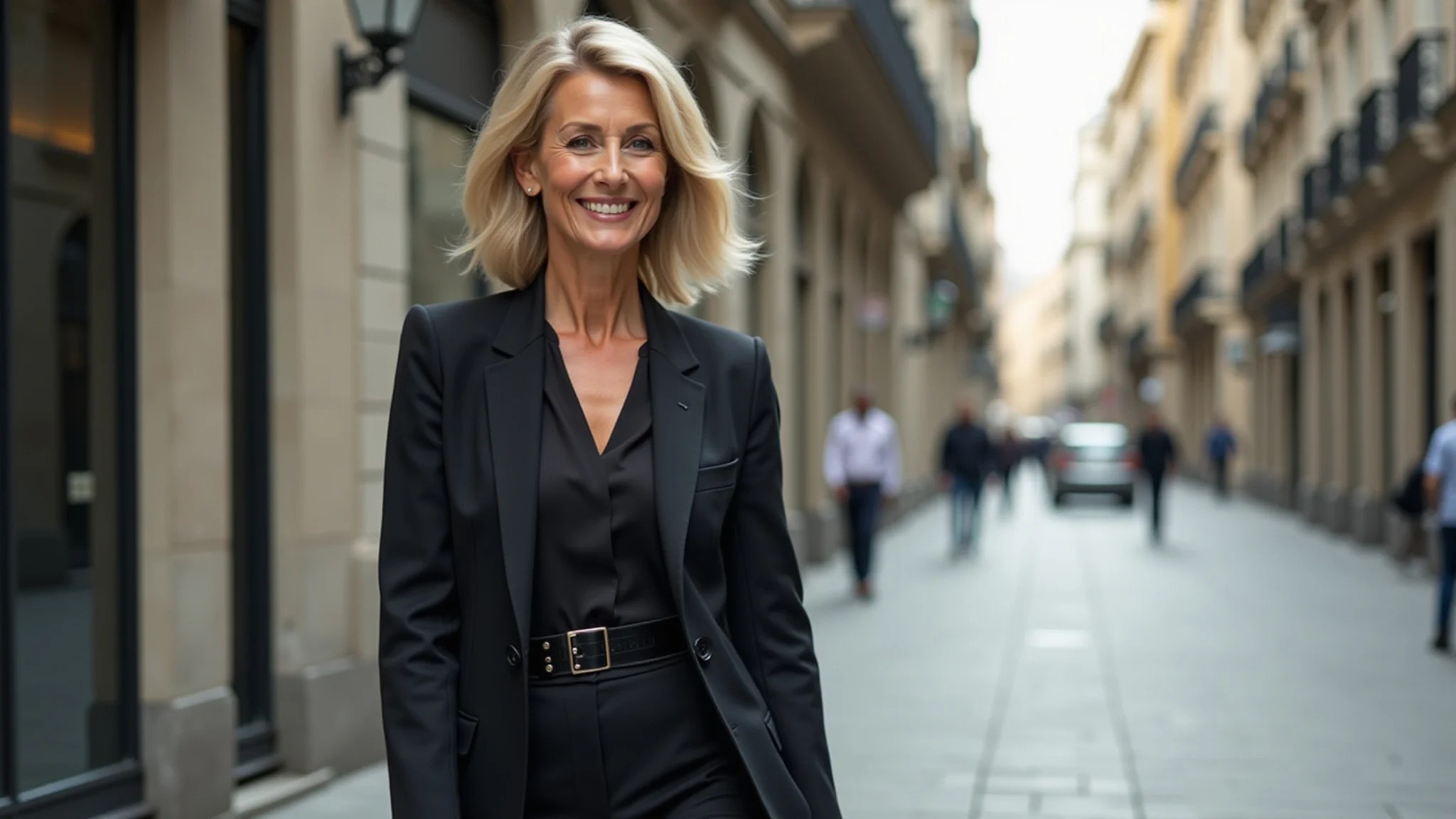 Mulher de 50 anos, elegante e baixinha, com look monocromático em cenário urbano estiloso.