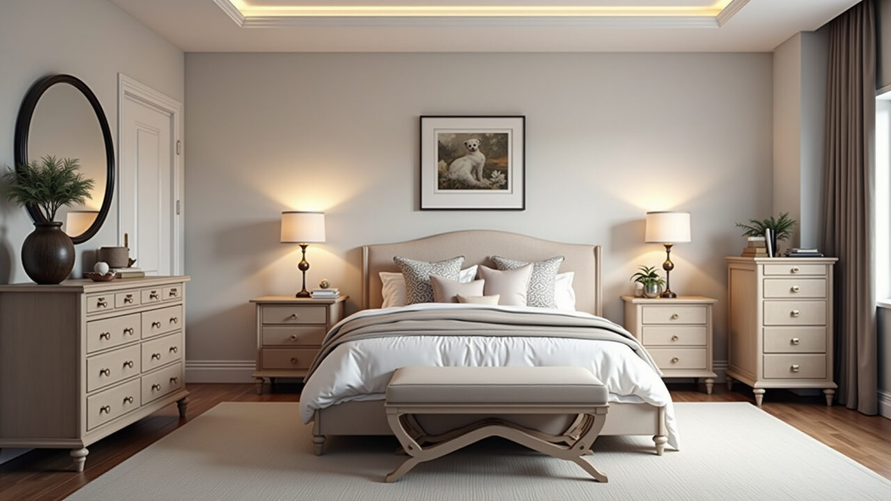 Quarto feminino adulto com decoração elegante e sofisticada.