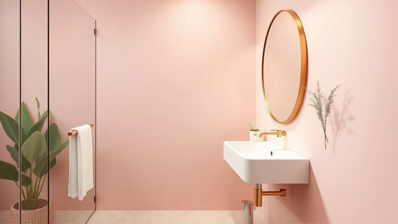 Banheiro moderno rosa com pia branca e espelho dourado.