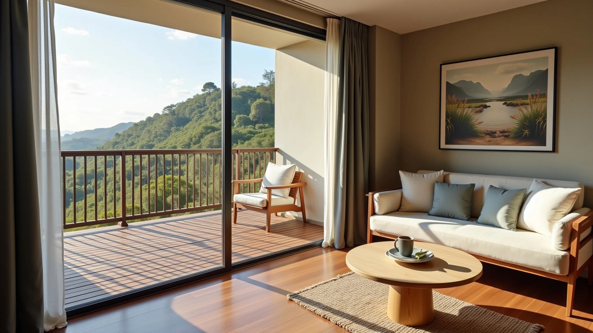 Varanda elegante com deck de madeira, sofá confortável e decoração brasileira.
