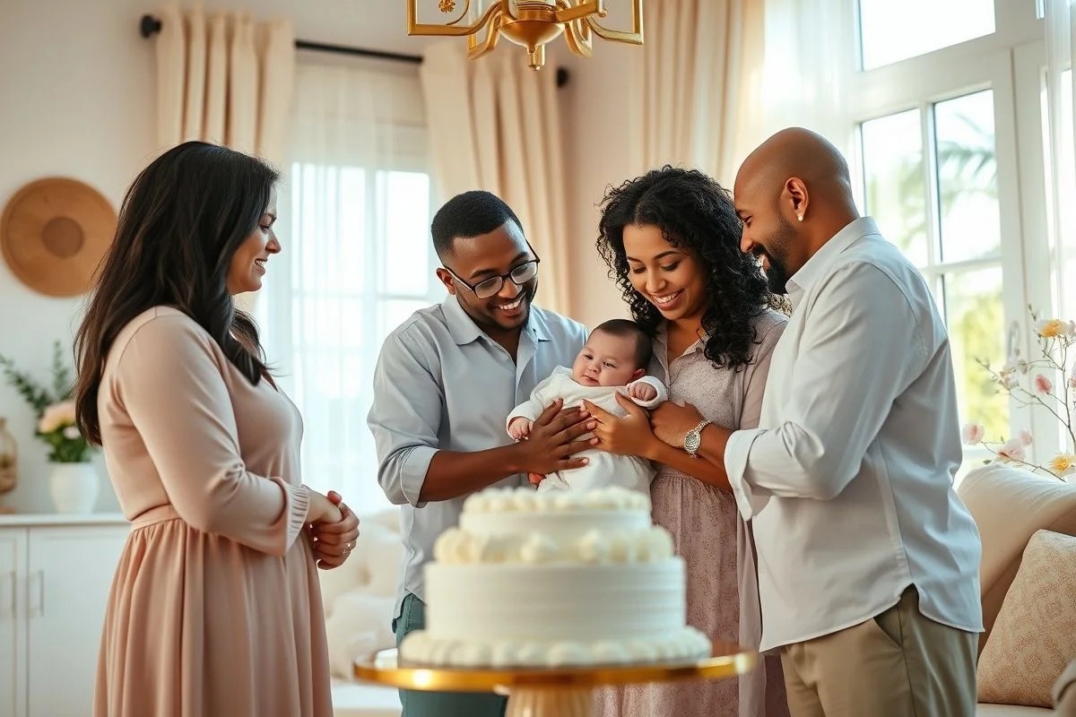 Batizado em casa: família reunida, decoração suave, luz natural