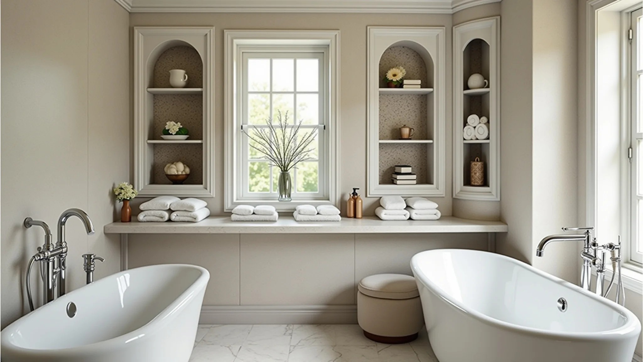 Banheiro elegante com nichos decorativos e acessórios charmosos.