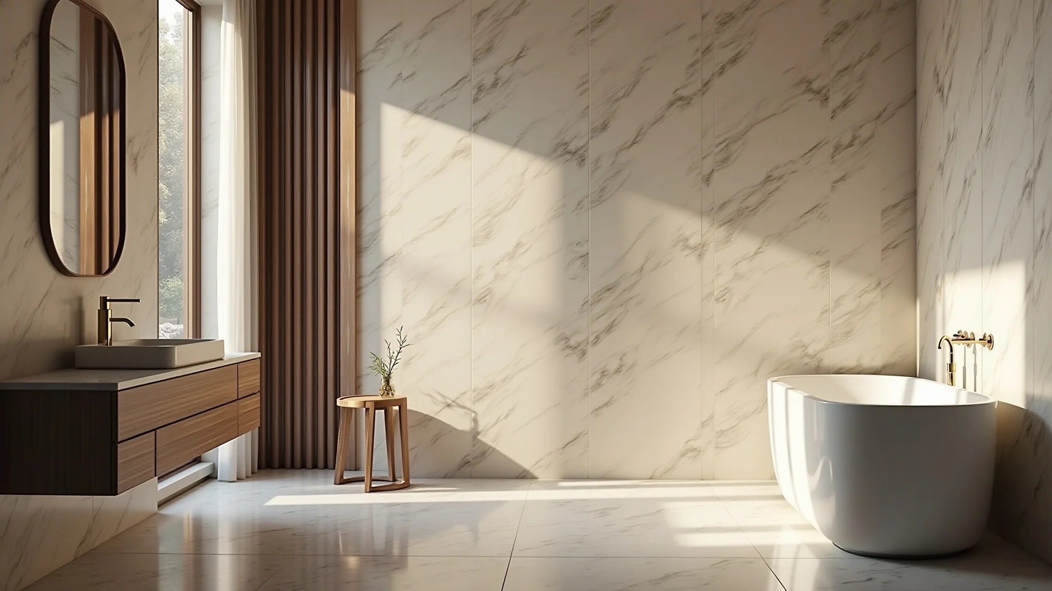 Banheiro elegante com porcelanato marmorizado e iluminação suave.