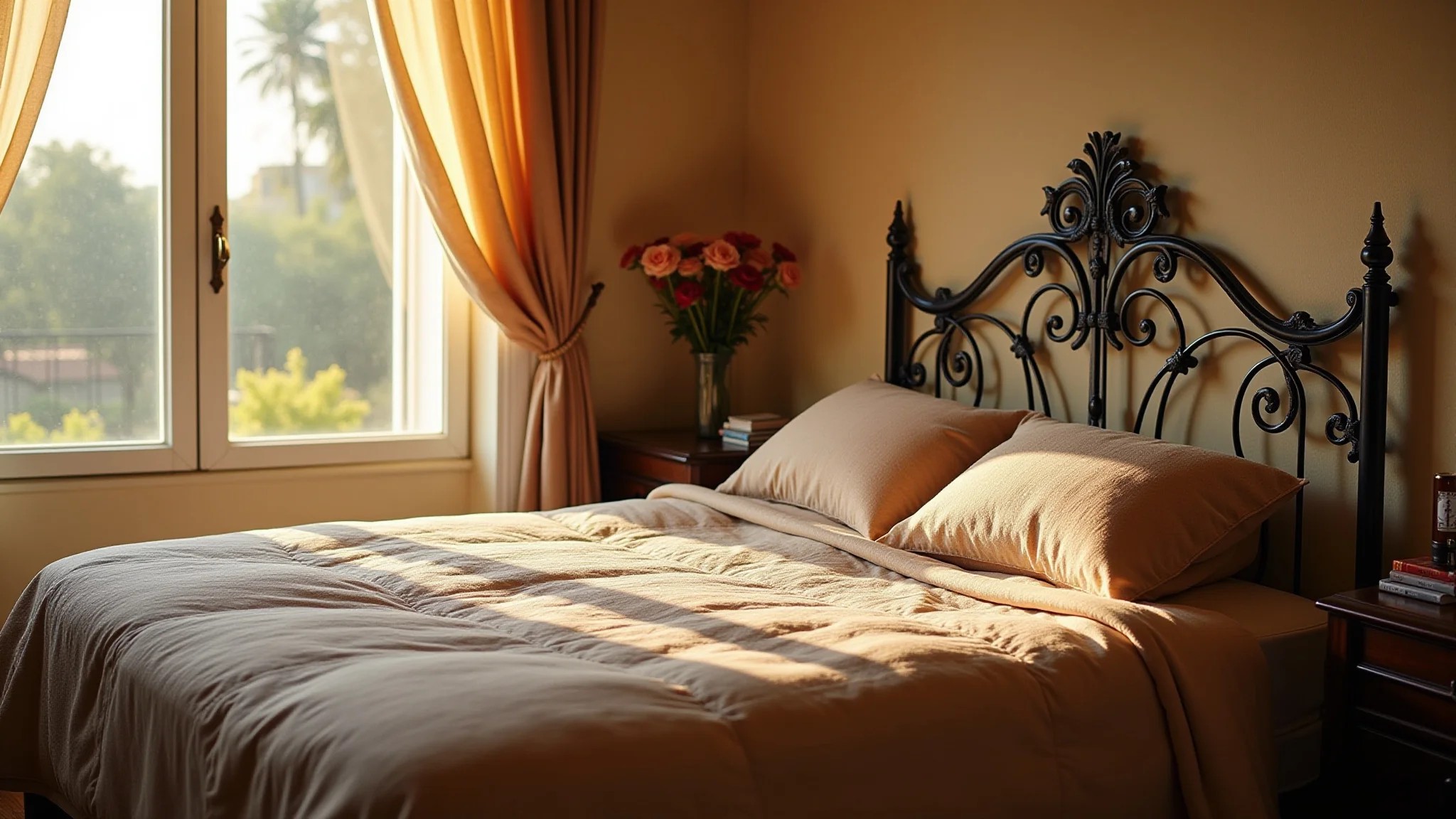 Quarto elegante com cabeceira de ferro, estilo vintage e toques de design brasileiro.