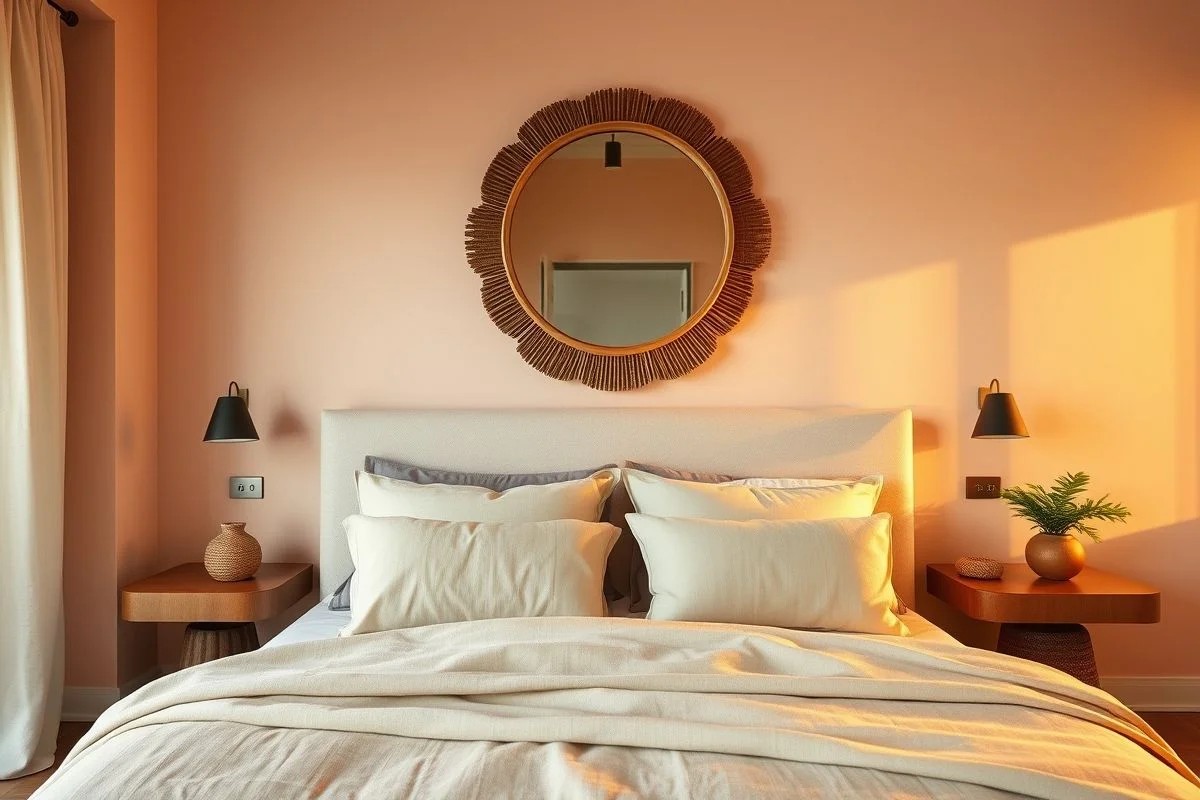 Quarto elegante com espelho orgânico sobre a cabeceira. Decoração aconchegante.