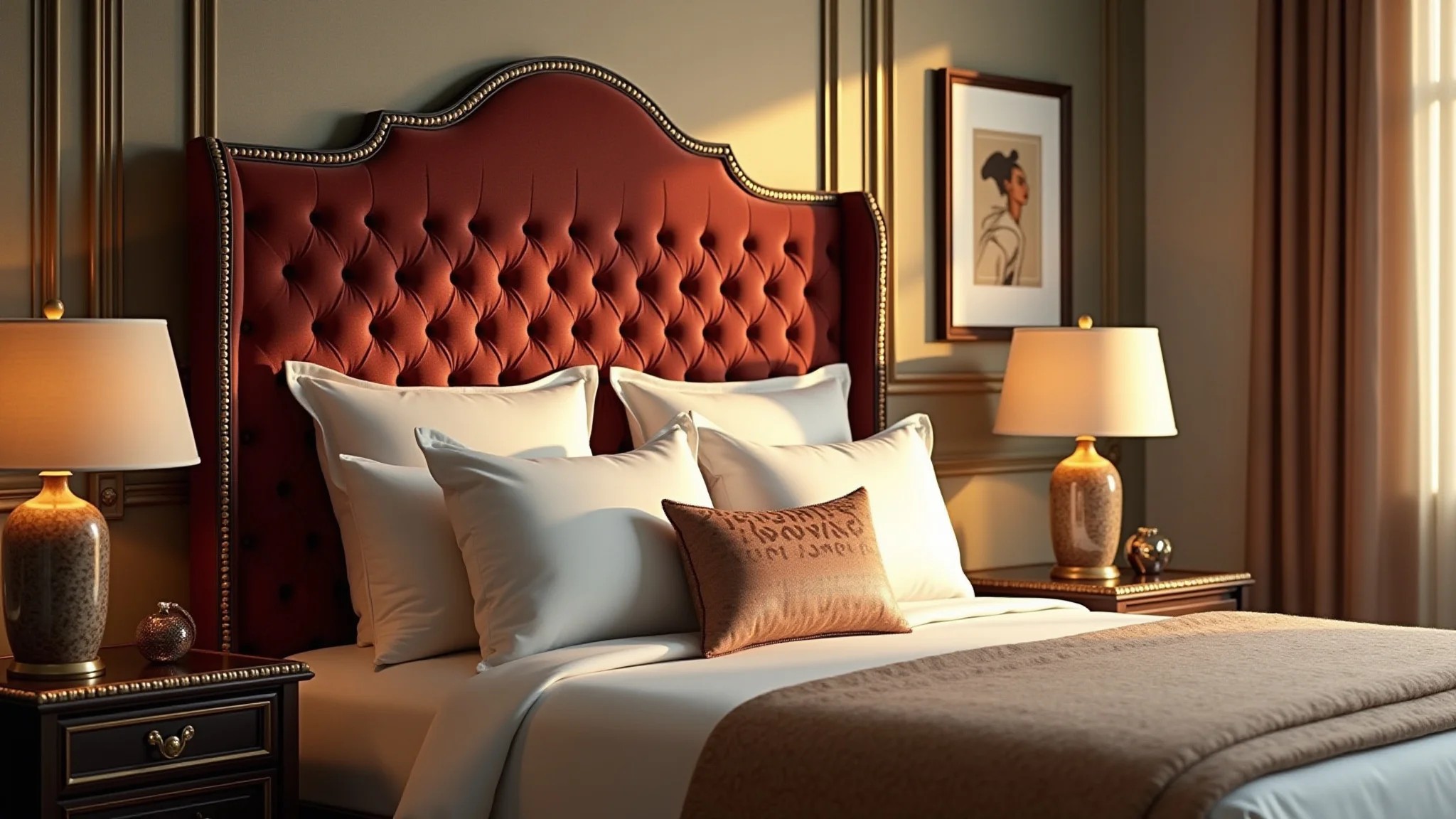 Quarto elegante com cabeceira estofada de veludo e decoração sofisticada.